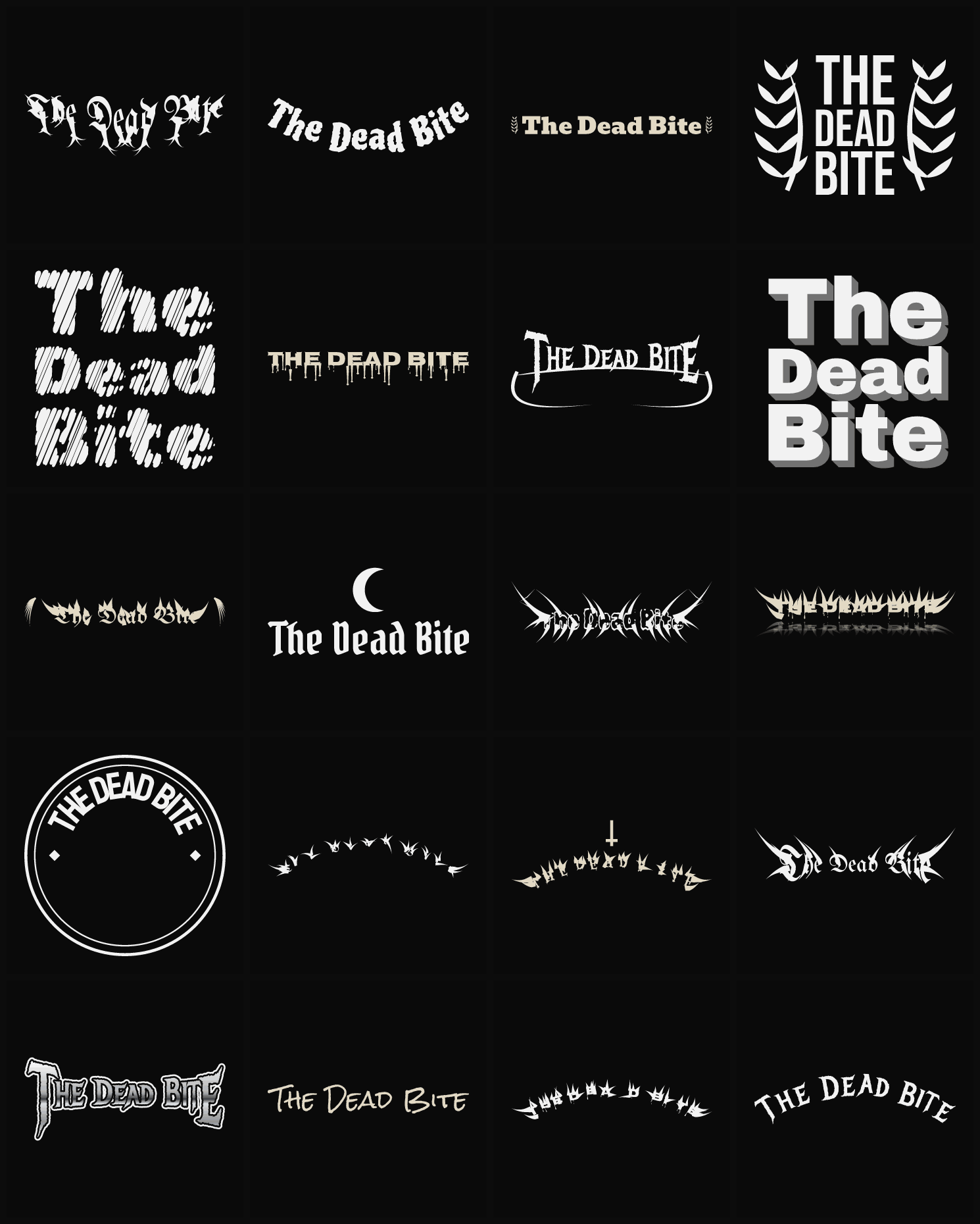 Twenty The Dead Bite band logo ideas — different faces, treatments and spike settings