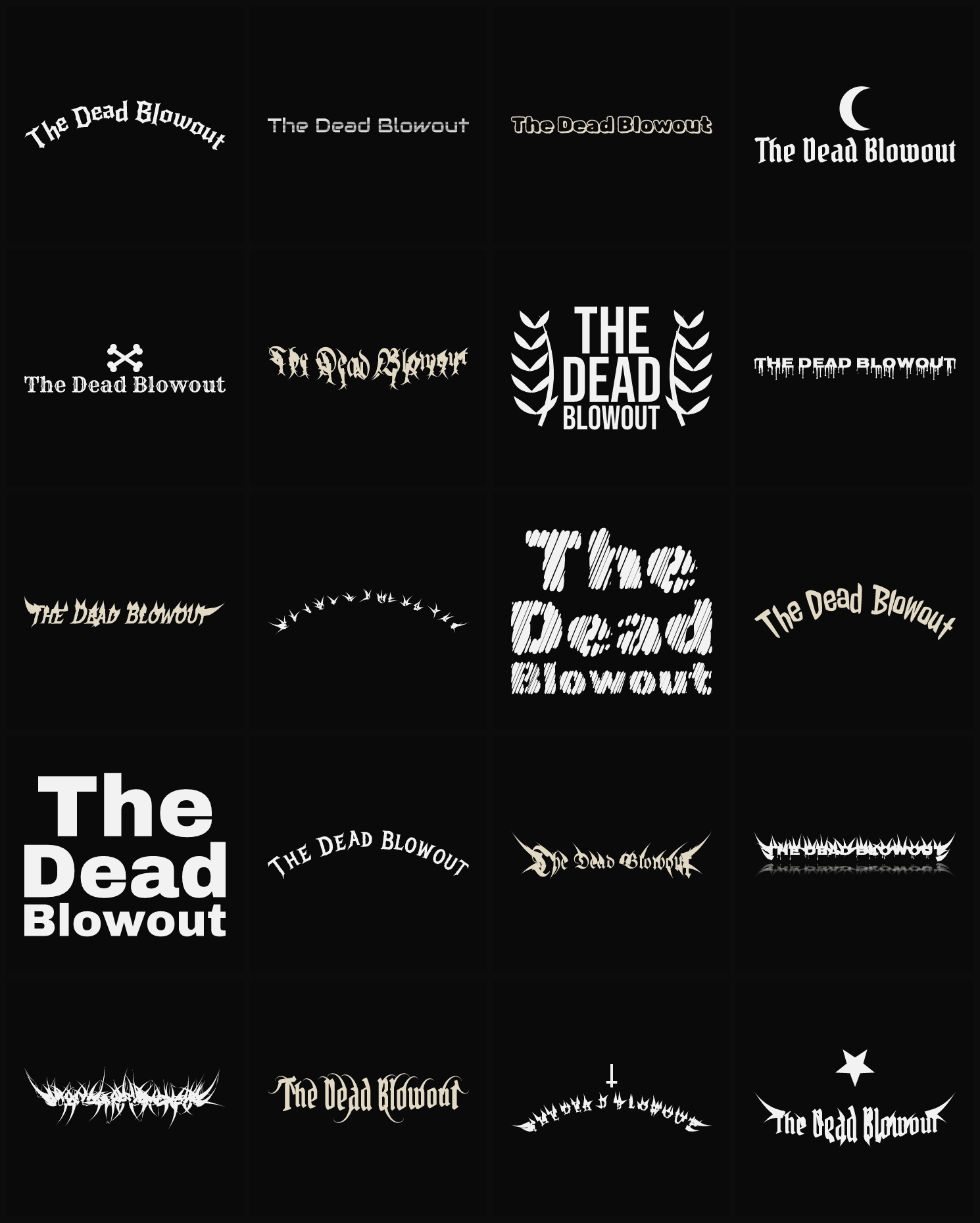Twenty The Dead Blowout band logo ideas — different faces, treatments and spike settings