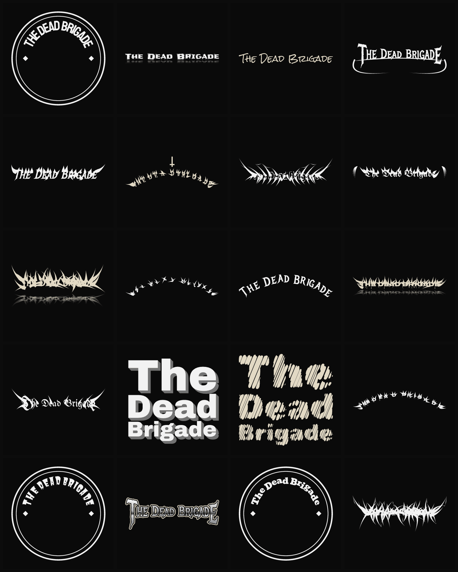 Twenty The Dead Brigade band logo ideas — different faces, treatments and spike settings