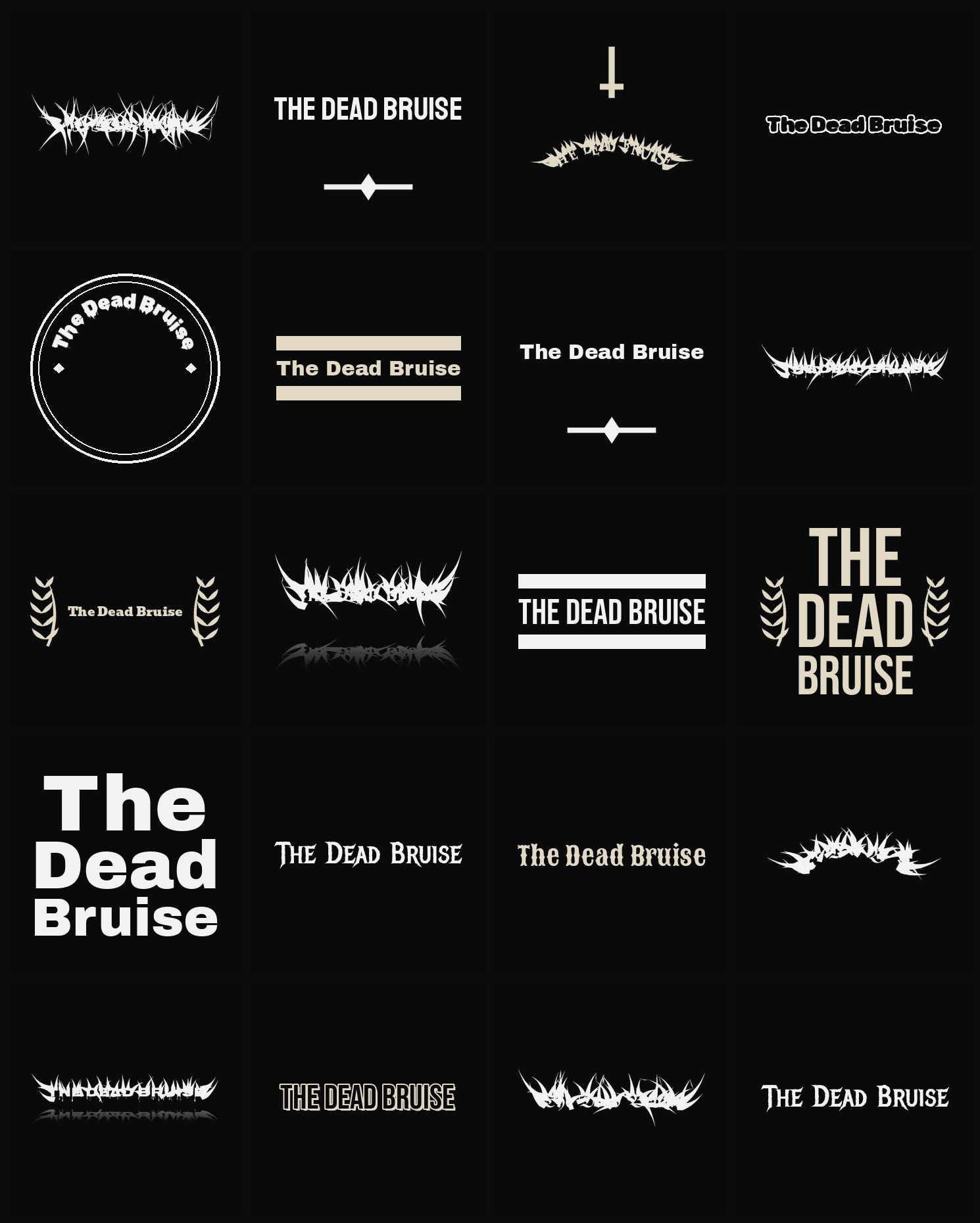 Twenty The Dead Bruise band logo ideas — different faces, treatments and spike settings