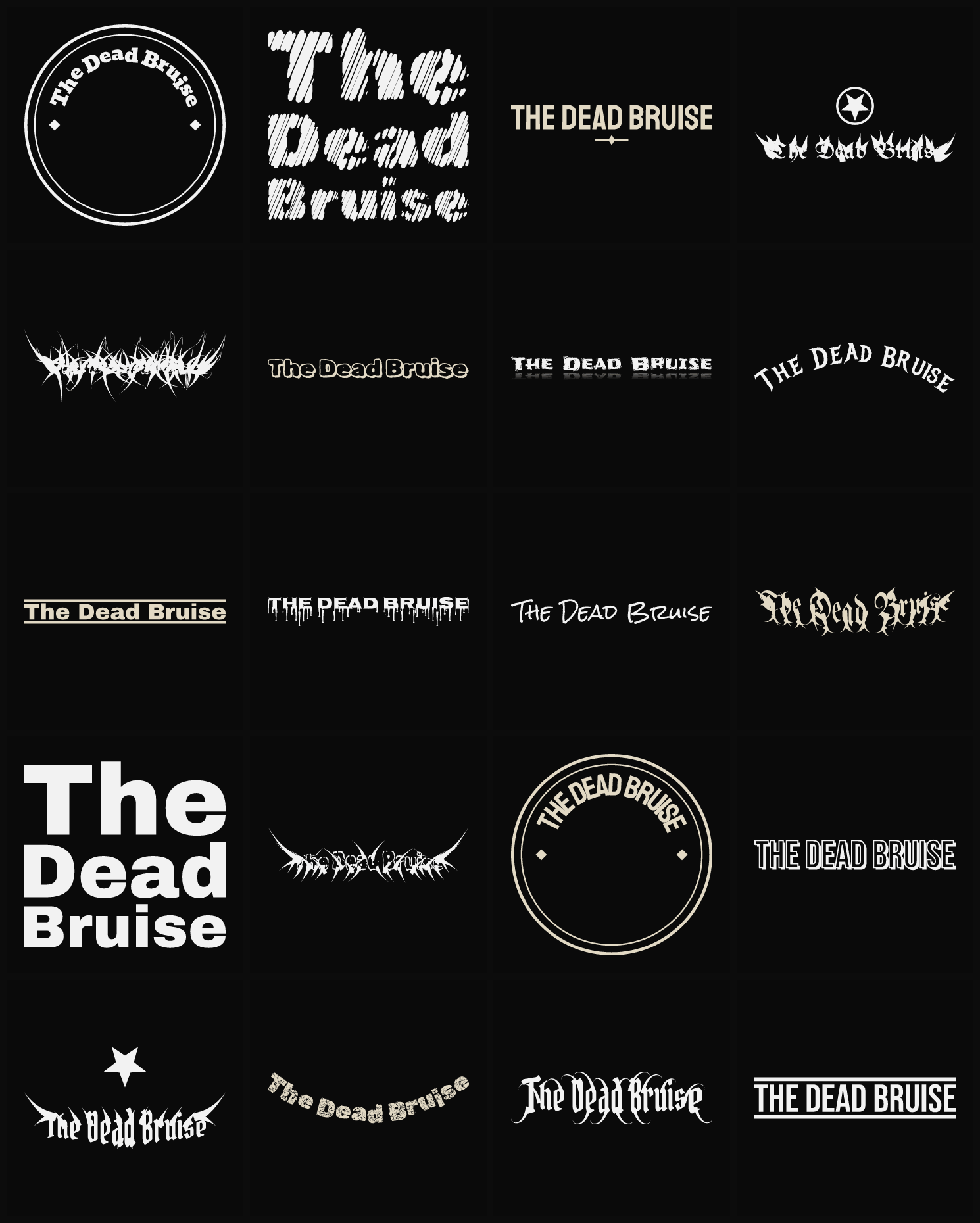 Twenty The Dead Bruise band logo ideas — different faces, treatments and spike settings