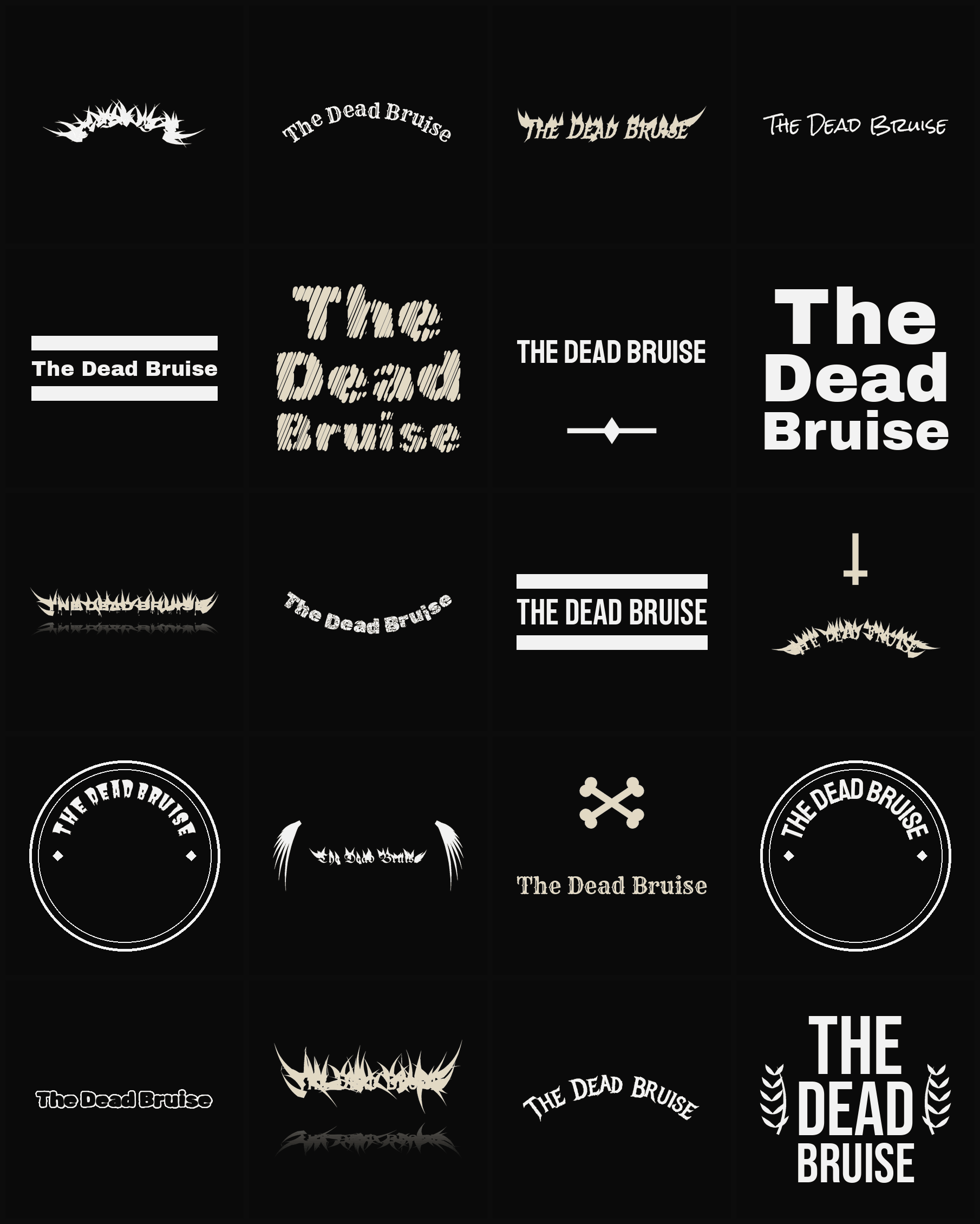 Twenty The Dead Bruise band logo ideas — different faces, treatments and spike settings
