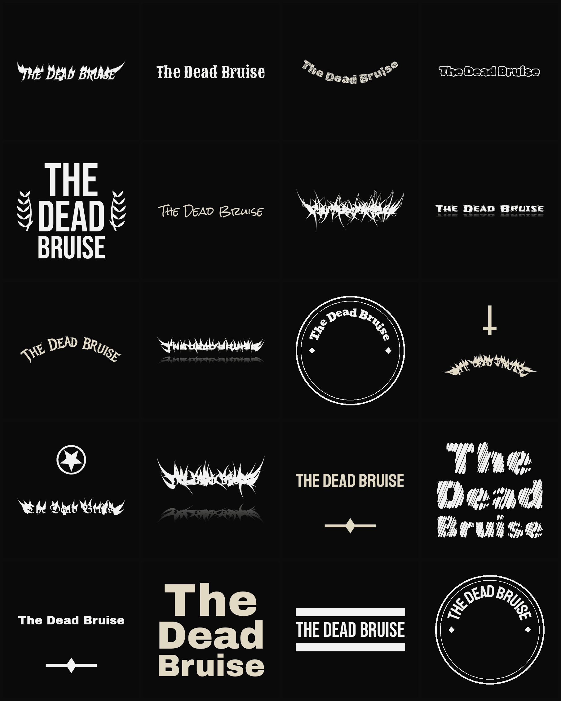 Twenty The Dead Bruise band logo ideas — different faces, treatments and spike settings