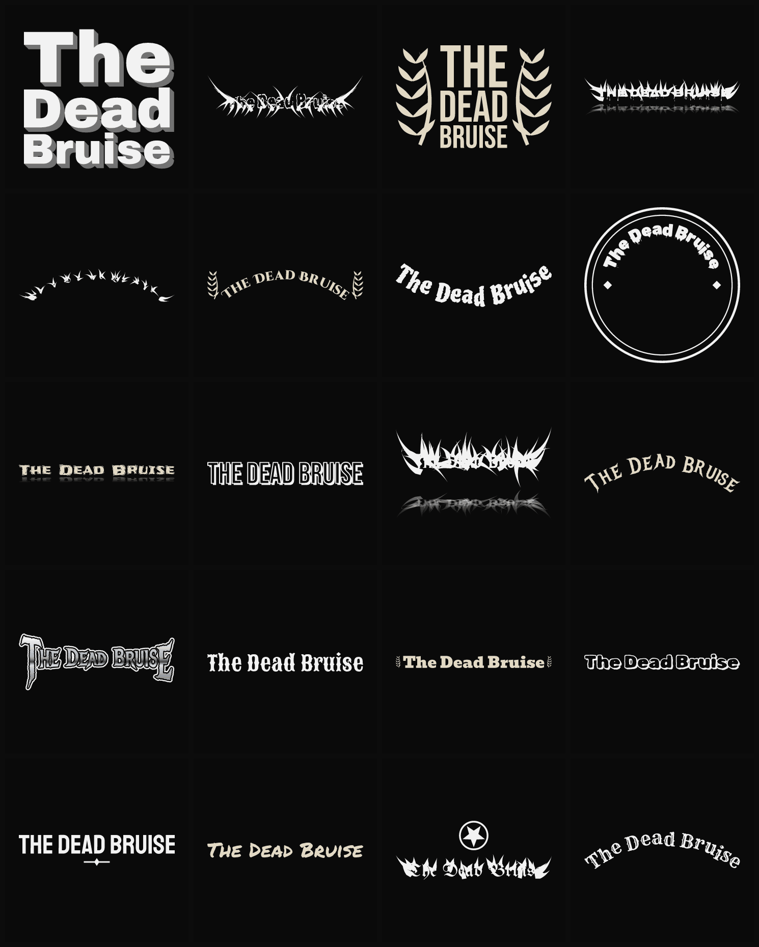 Twenty The Dead Bruise band logo ideas — different faces, treatments and spike settings