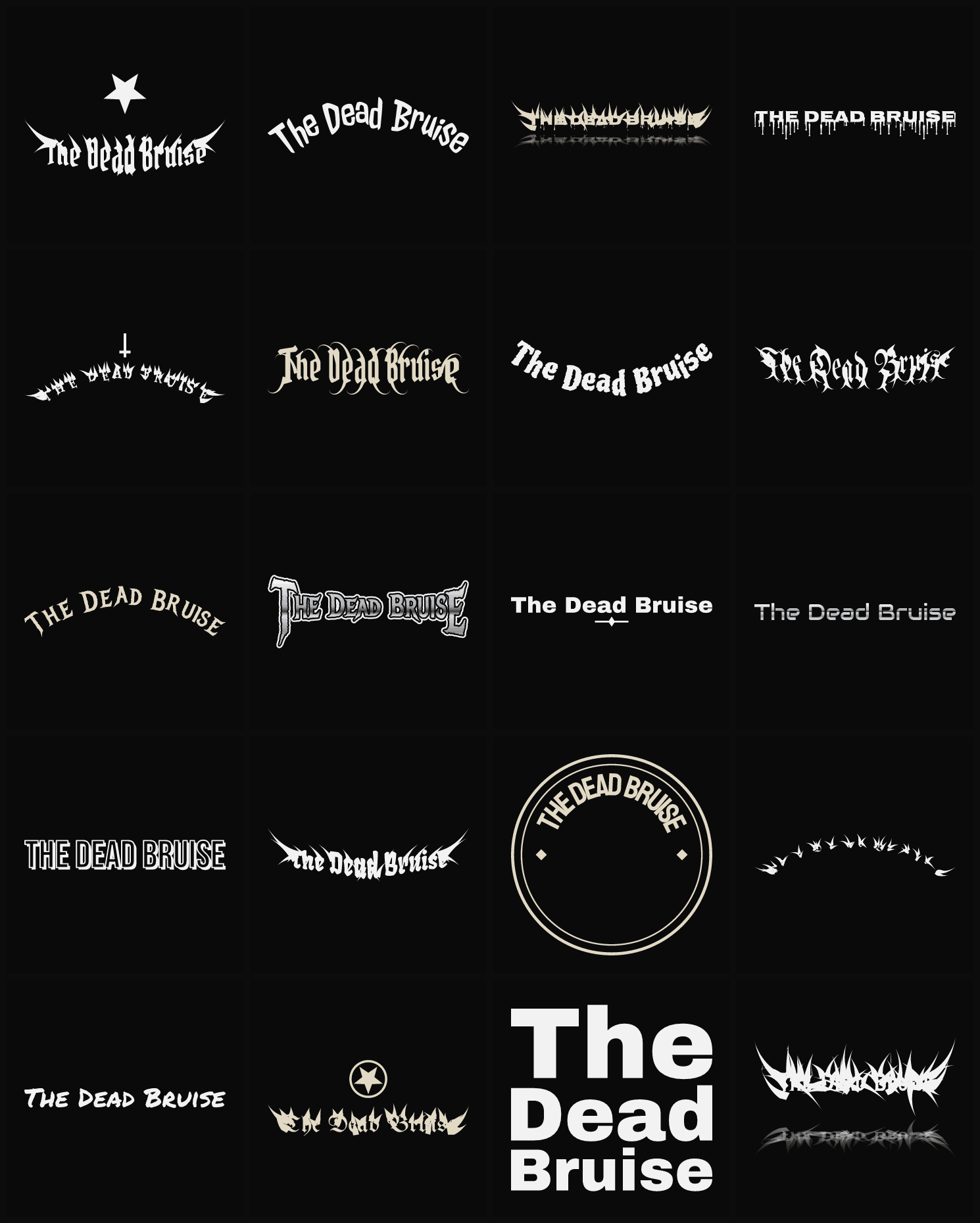 Twenty The Dead Bruise band logo ideas — different faces, treatments and spike settings