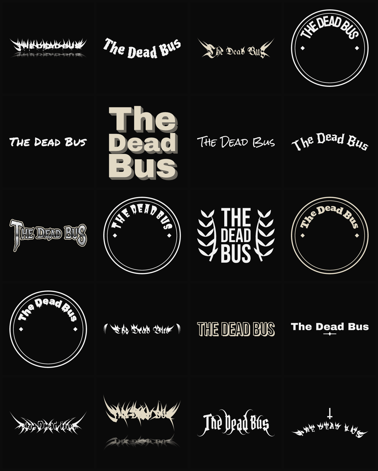 Twenty The Dead Bus band logo ideas — different faces, treatments and spike settings