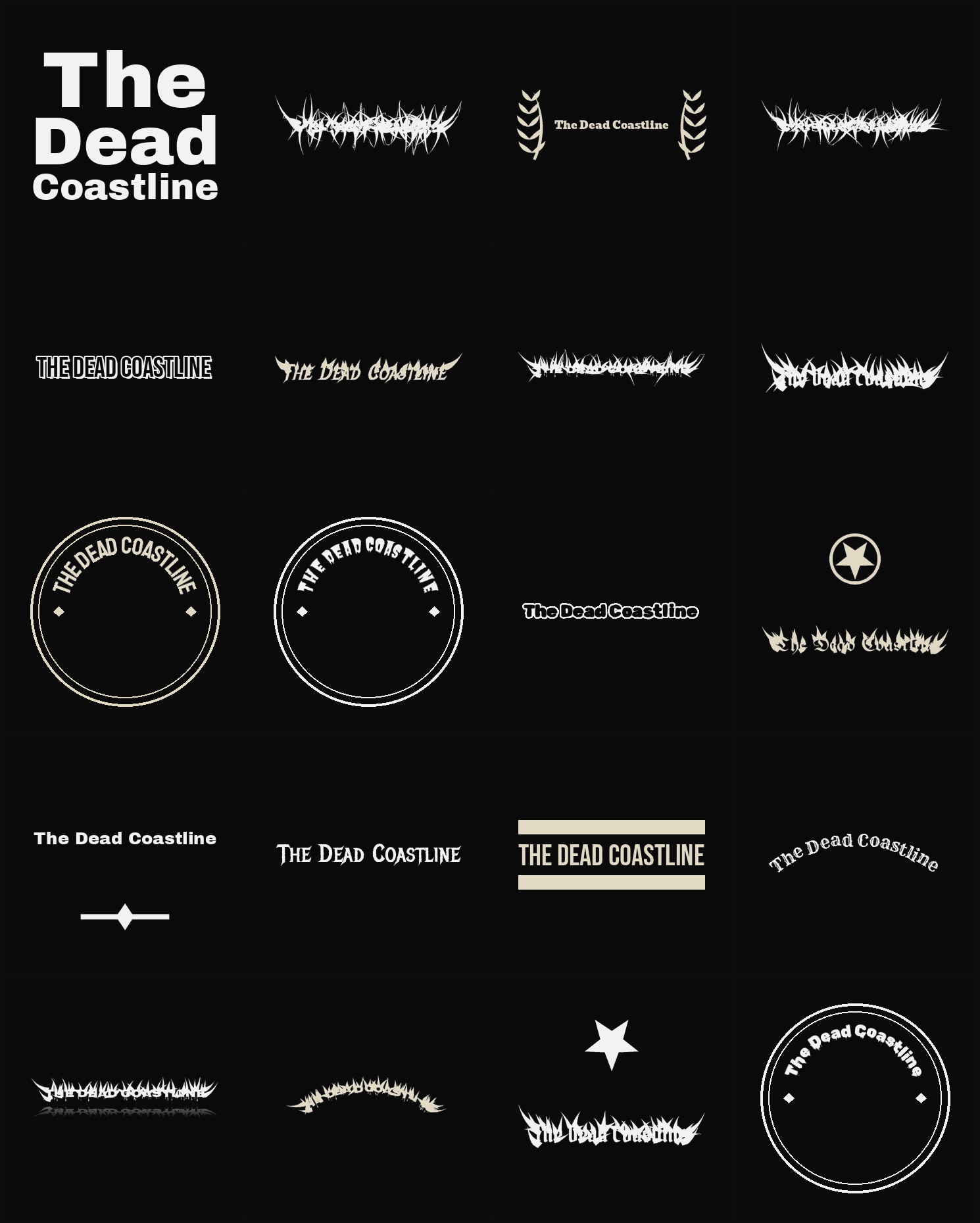 Twenty The Dead Coastline band logo ideas — different faces, treatments and spike settings