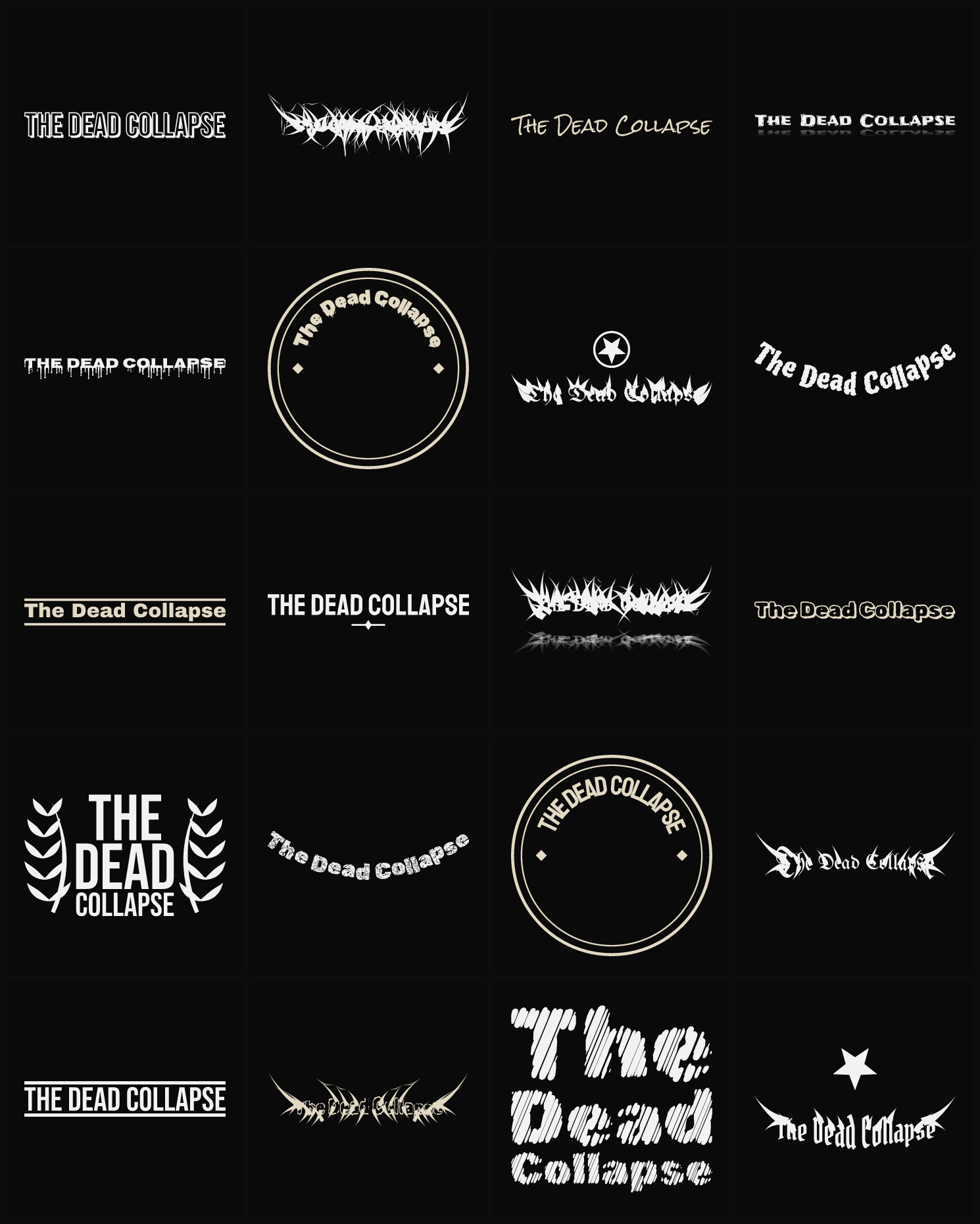 Twenty The Dead Collapse band logo ideas — different faces, treatments and spike settings