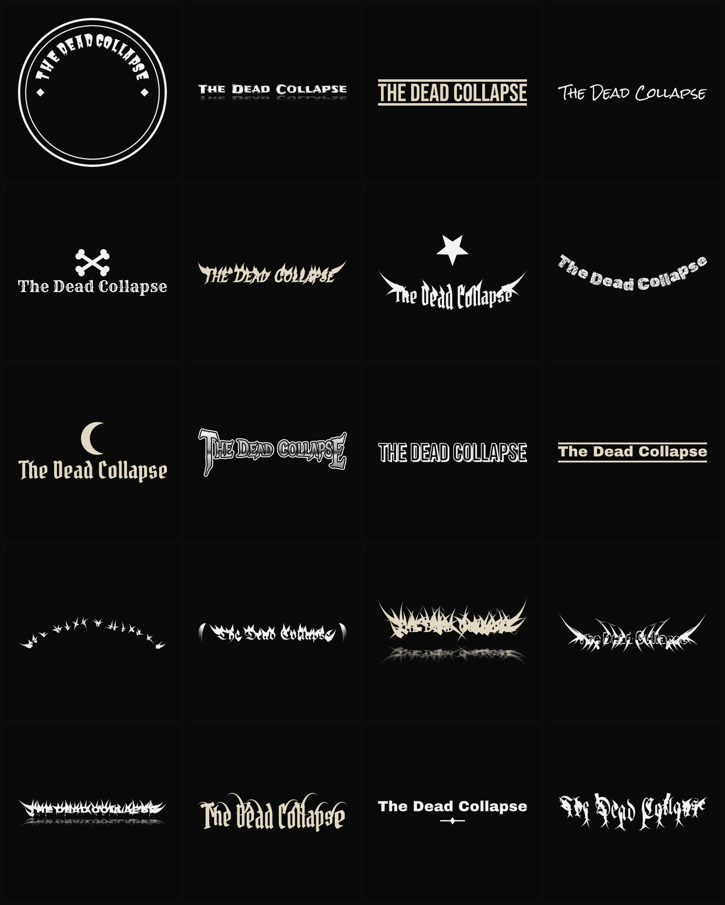 Twenty The Dead Collapse band logo ideas — different faces, treatments and spike settings