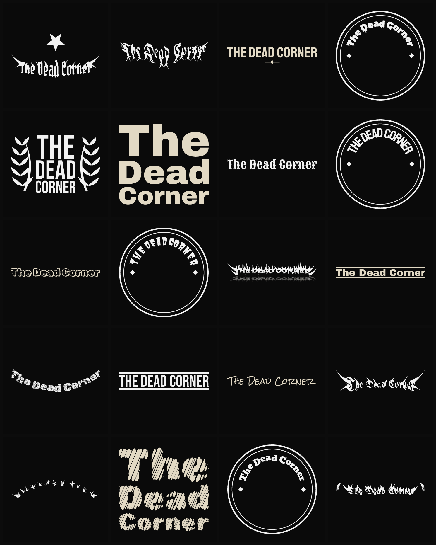 Twenty The Dead Corner band logo ideas — different faces, treatments and spike settings