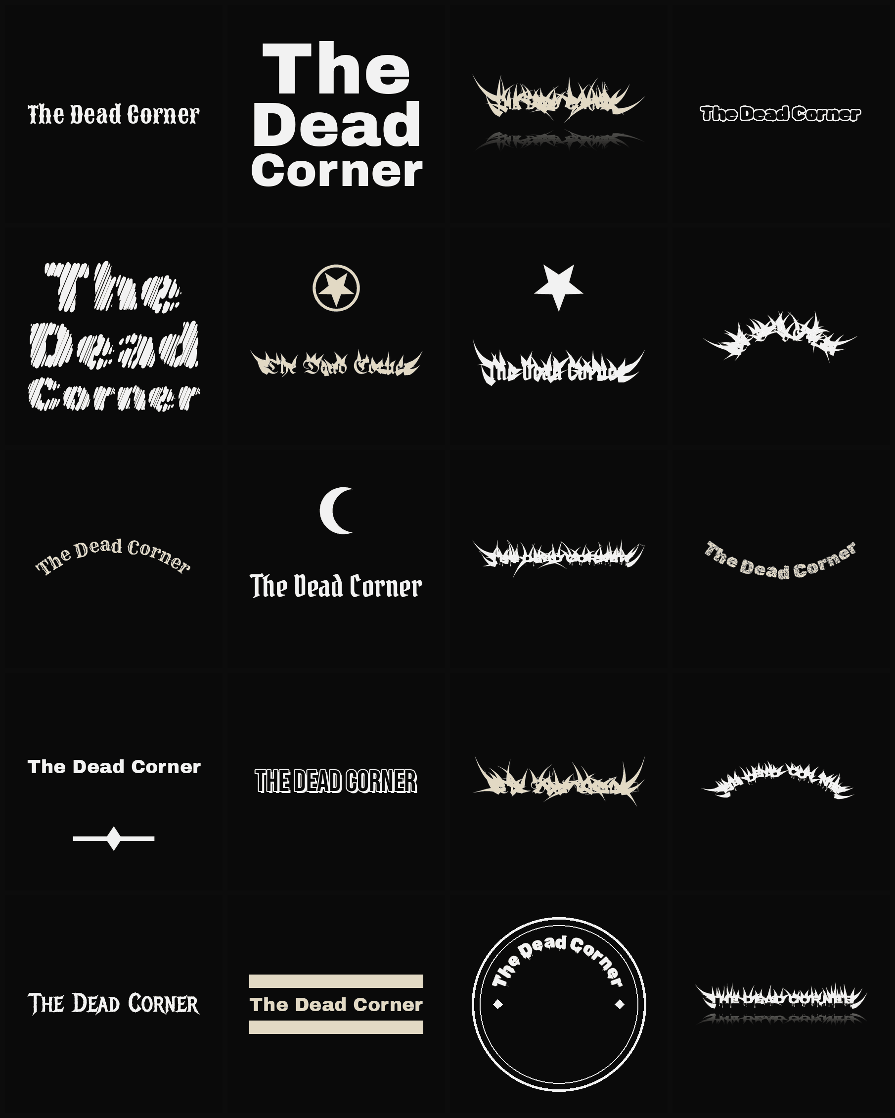 Twenty The Dead Corner band logo ideas — different faces, treatments and spike settings