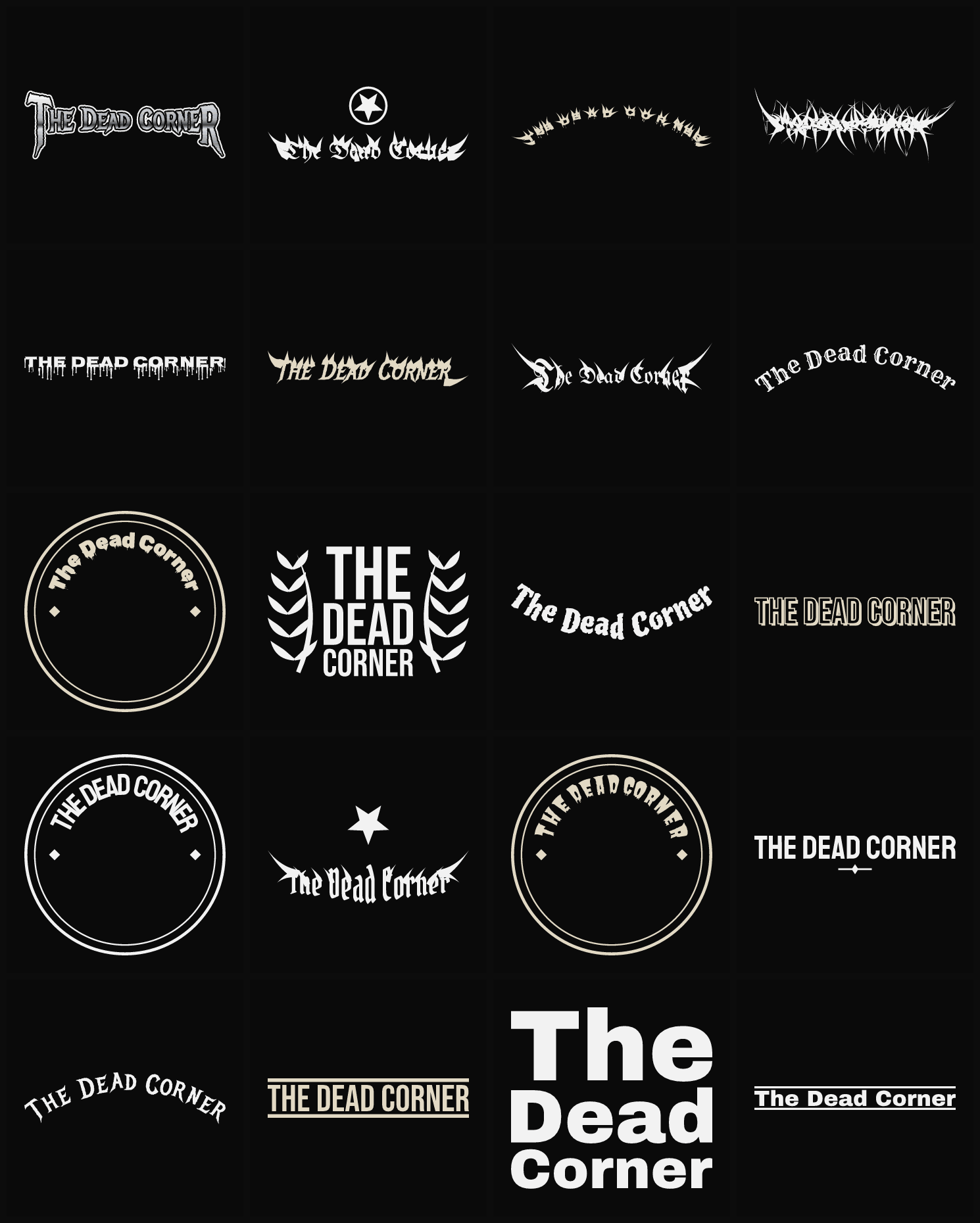 Twenty The Dead Corner band logo ideas — different faces, treatments and spike settings