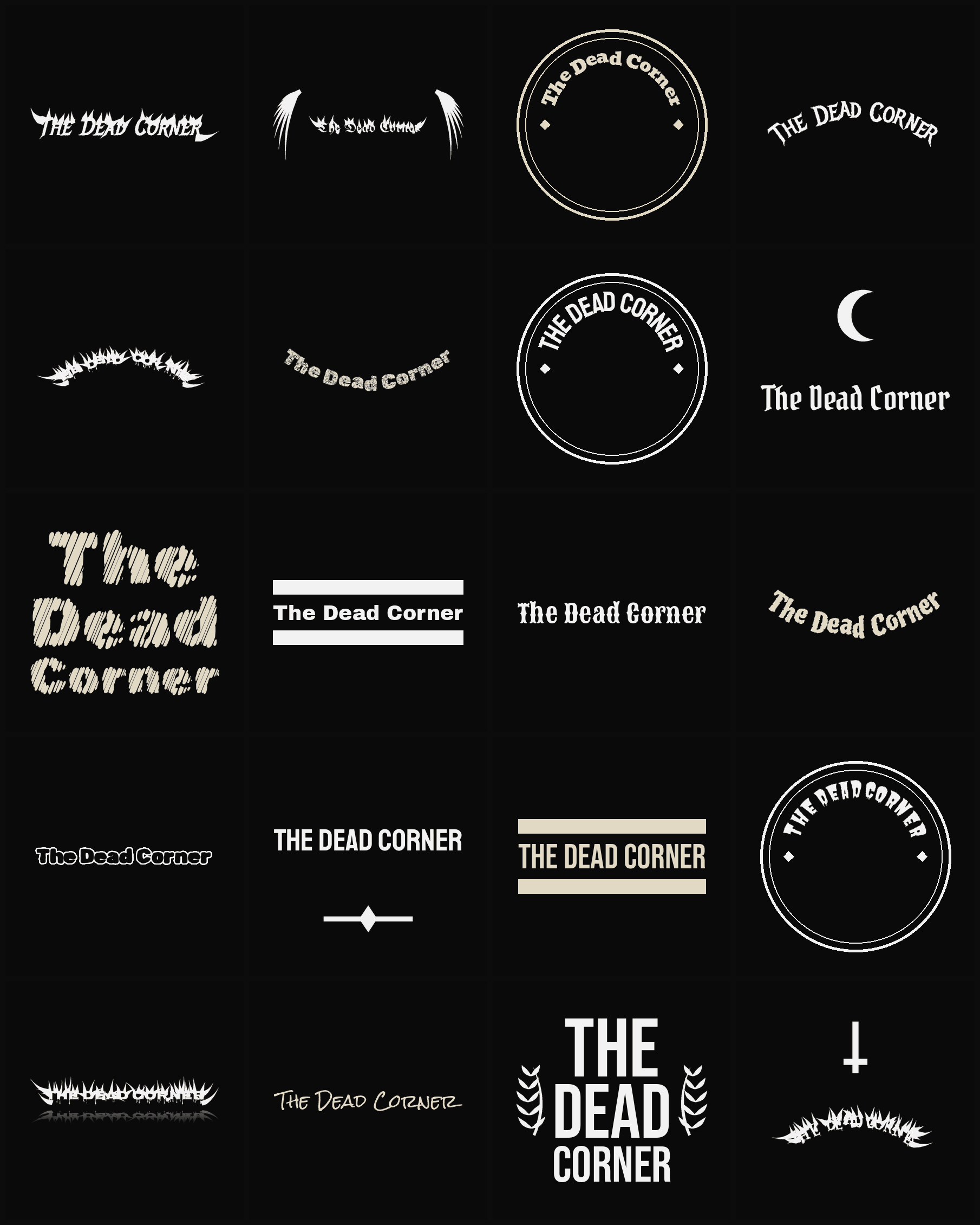 Twenty The Dead Corner band logo ideas — different faces, treatments and spike settings