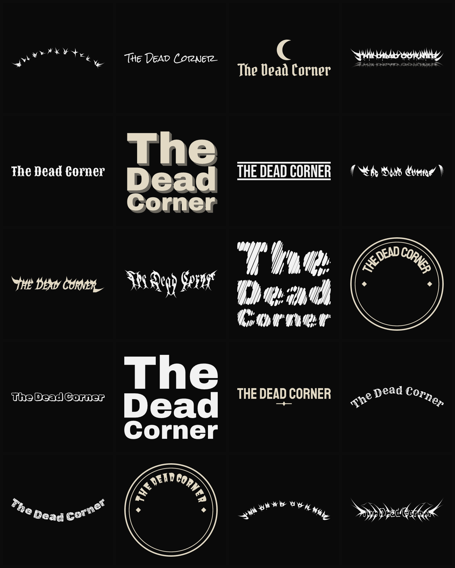 Twenty The Dead Corner band logo ideas — different faces, treatments and spike settings