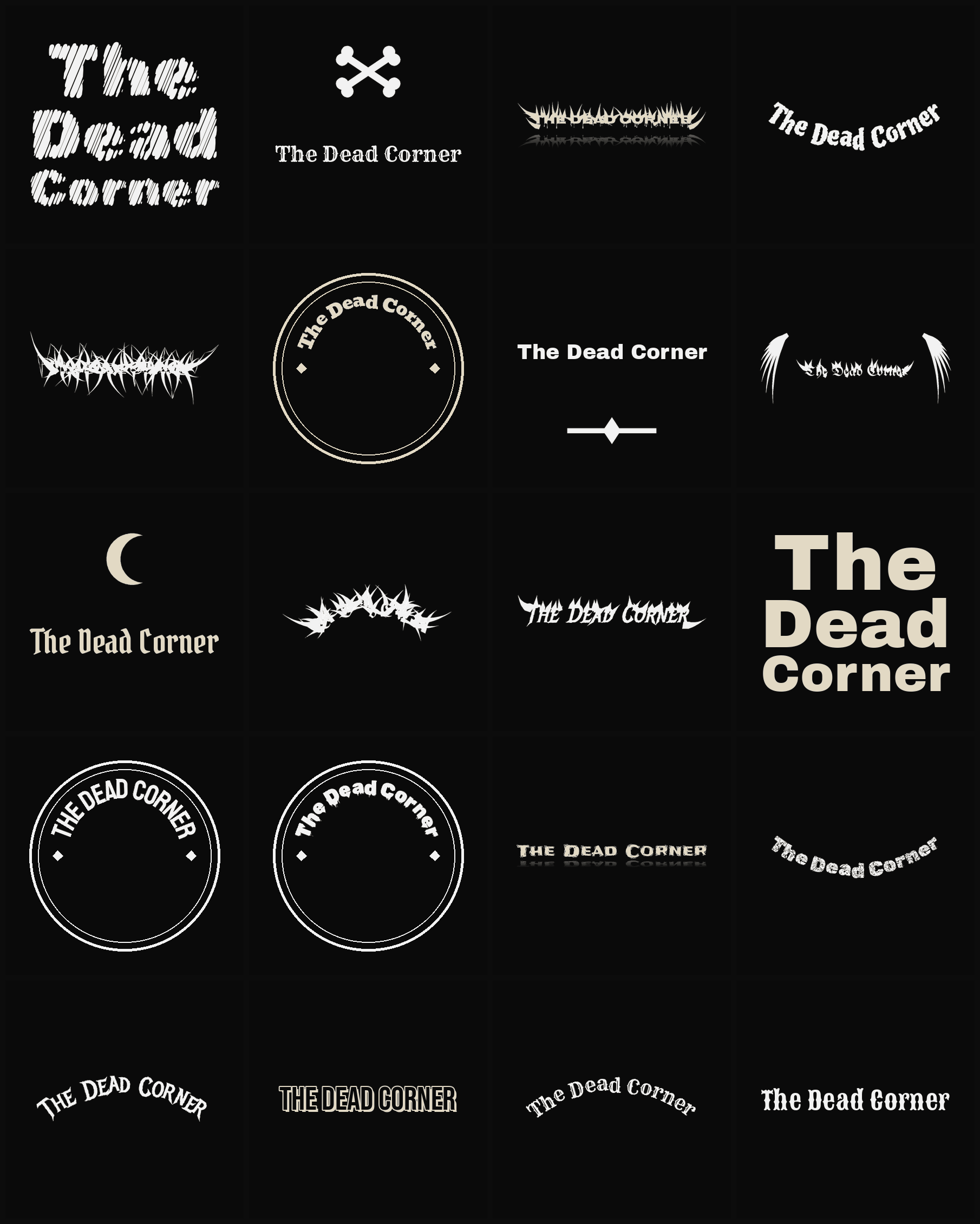 Twenty The Dead Corner band logo ideas — different faces, treatments and spike settings