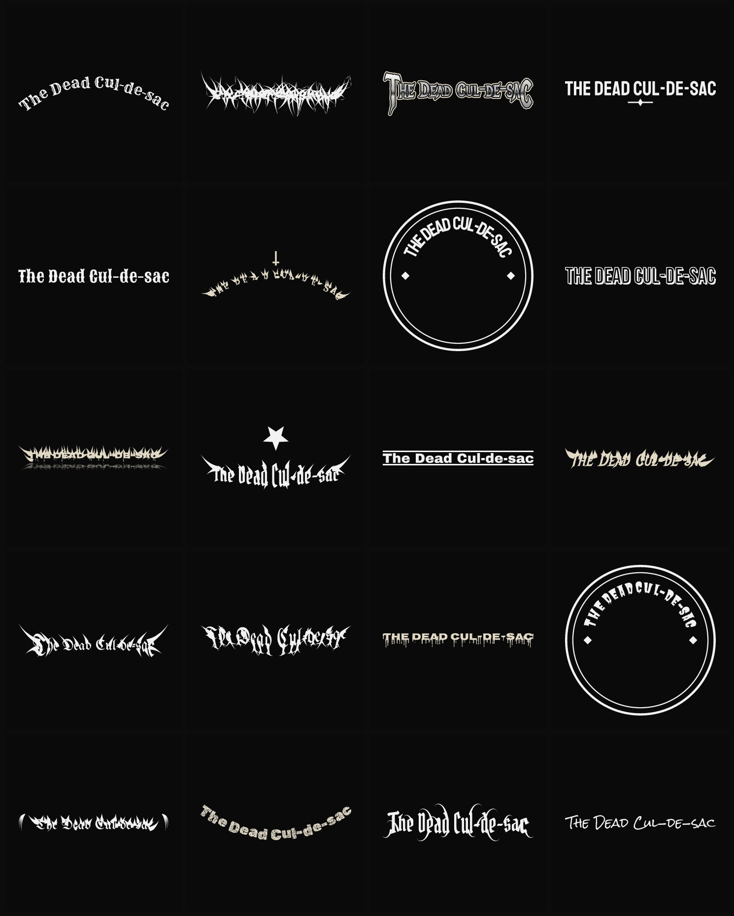 Twenty The Dead Cul-de-sac band logo ideas — different faces, treatments and spike settings
