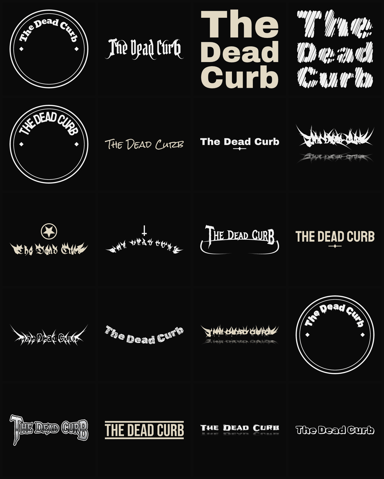 Twenty The Dead Curb band logo ideas — different faces, treatments and spike settings