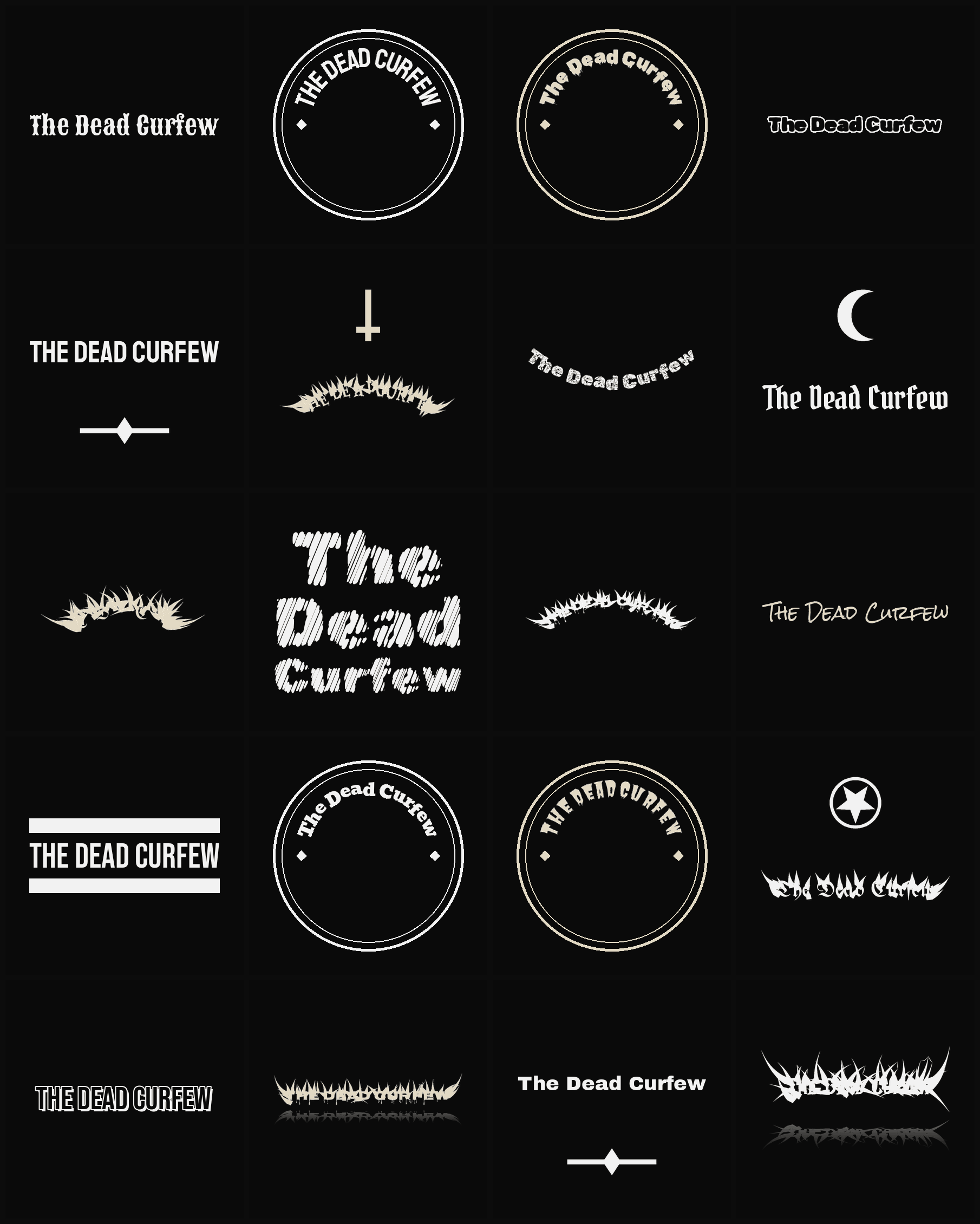 Twenty The Dead Curfew band logo ideas — different faces, treatments and spike settings