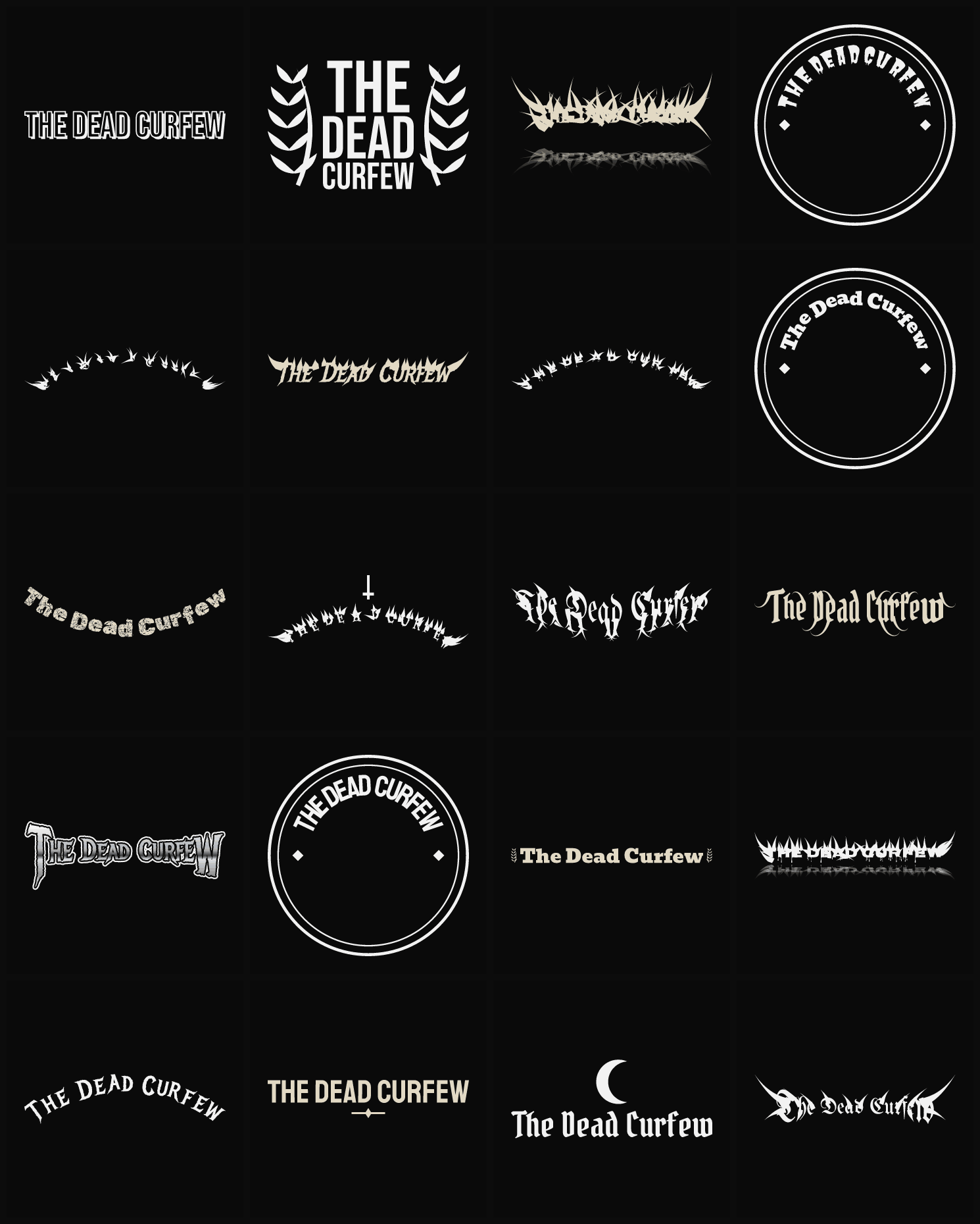 Twenty The Dead Curfew band logo ideas — different faces, treatments and spike settings