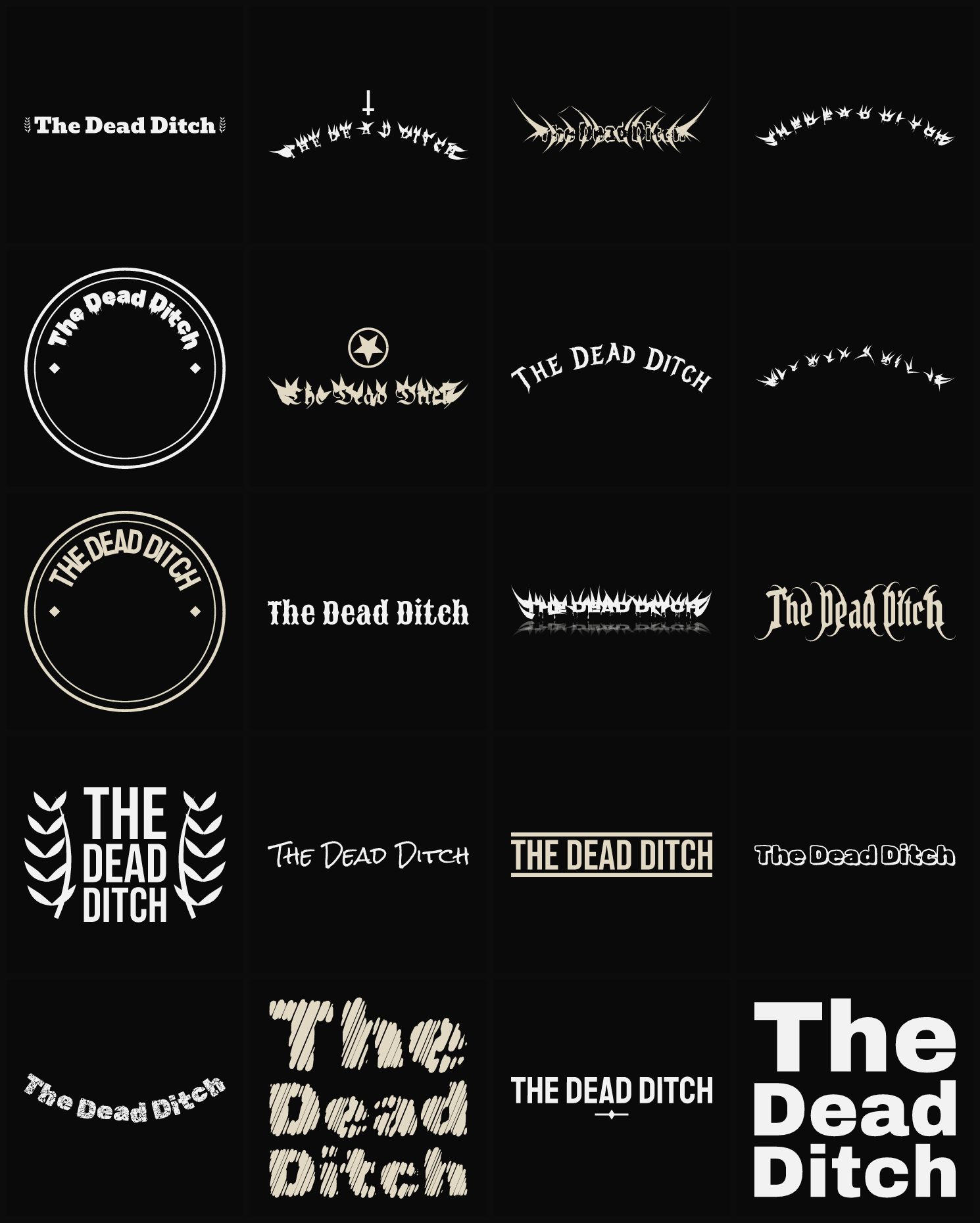 Twenty The Dead Ditch band logo ideas — different faces, treatments and spike settings