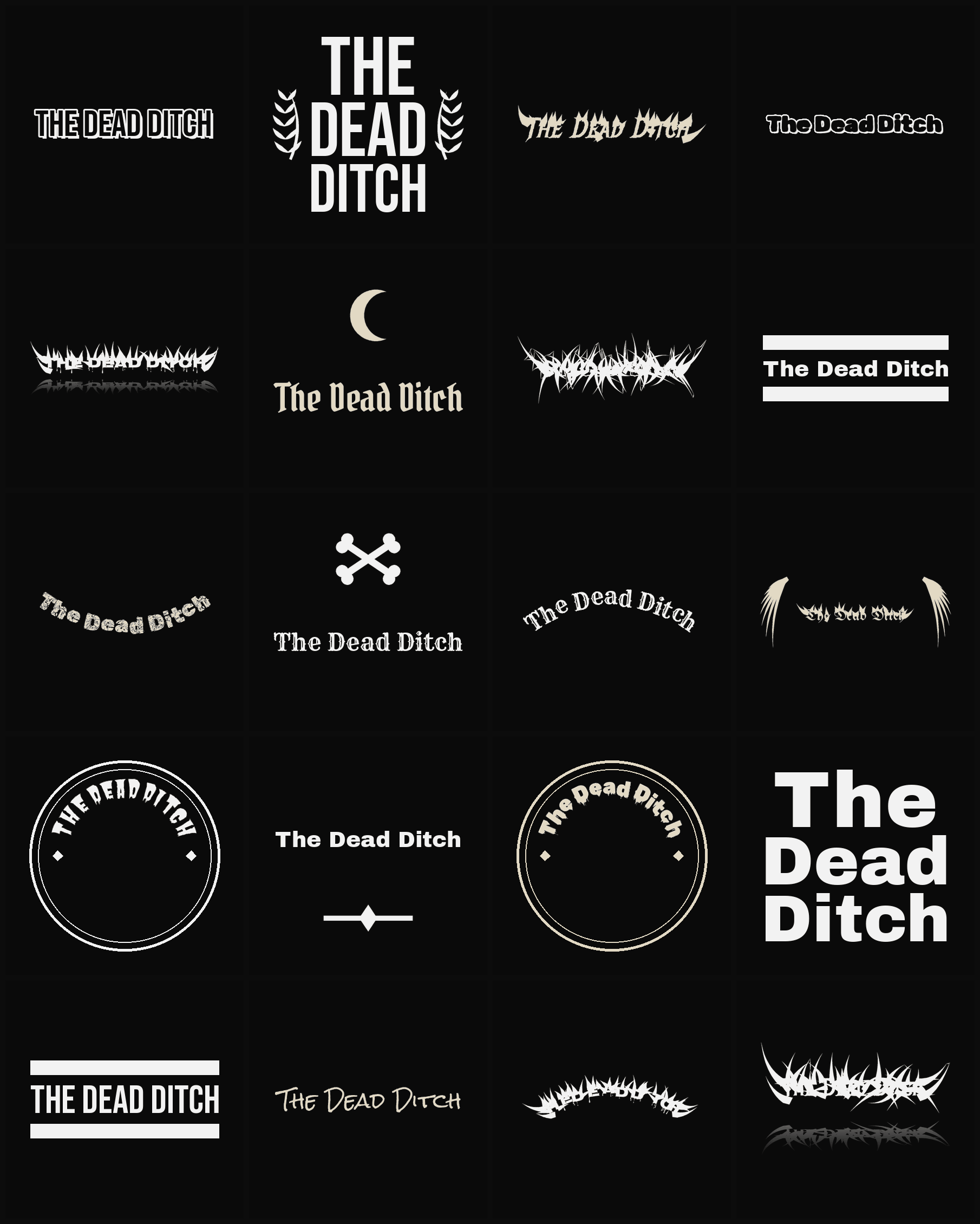 Twenty The Dead Ditch band logo ideas — different faces, treatments and spike settings