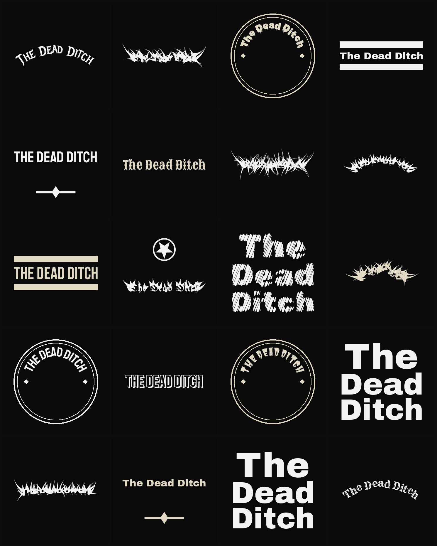Twenty The Dead Ditch band logo ideas — different faces, treatments and spike settings