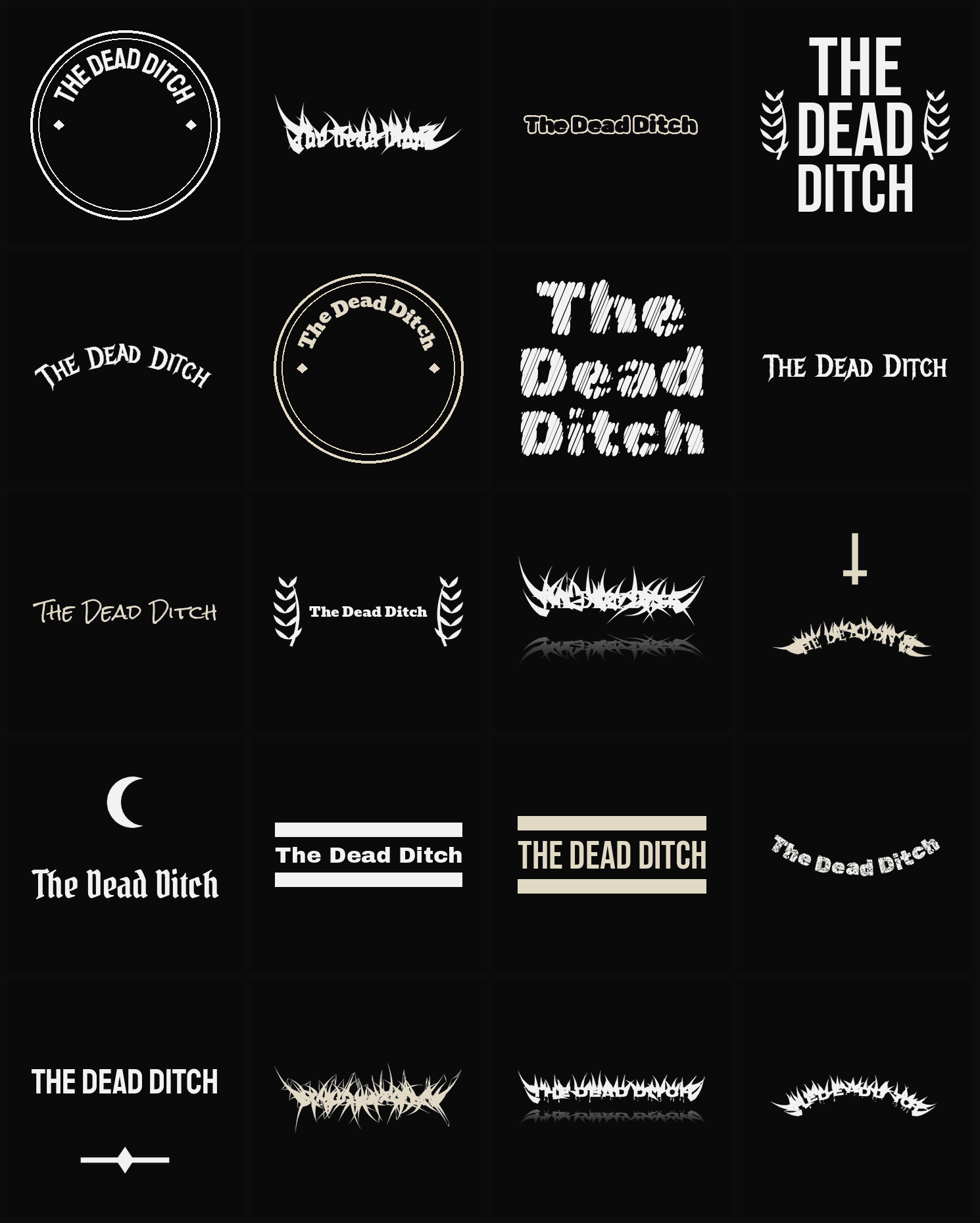 Twenty The Dead Ditch band logo ideas — different faces, treatments and spike settings