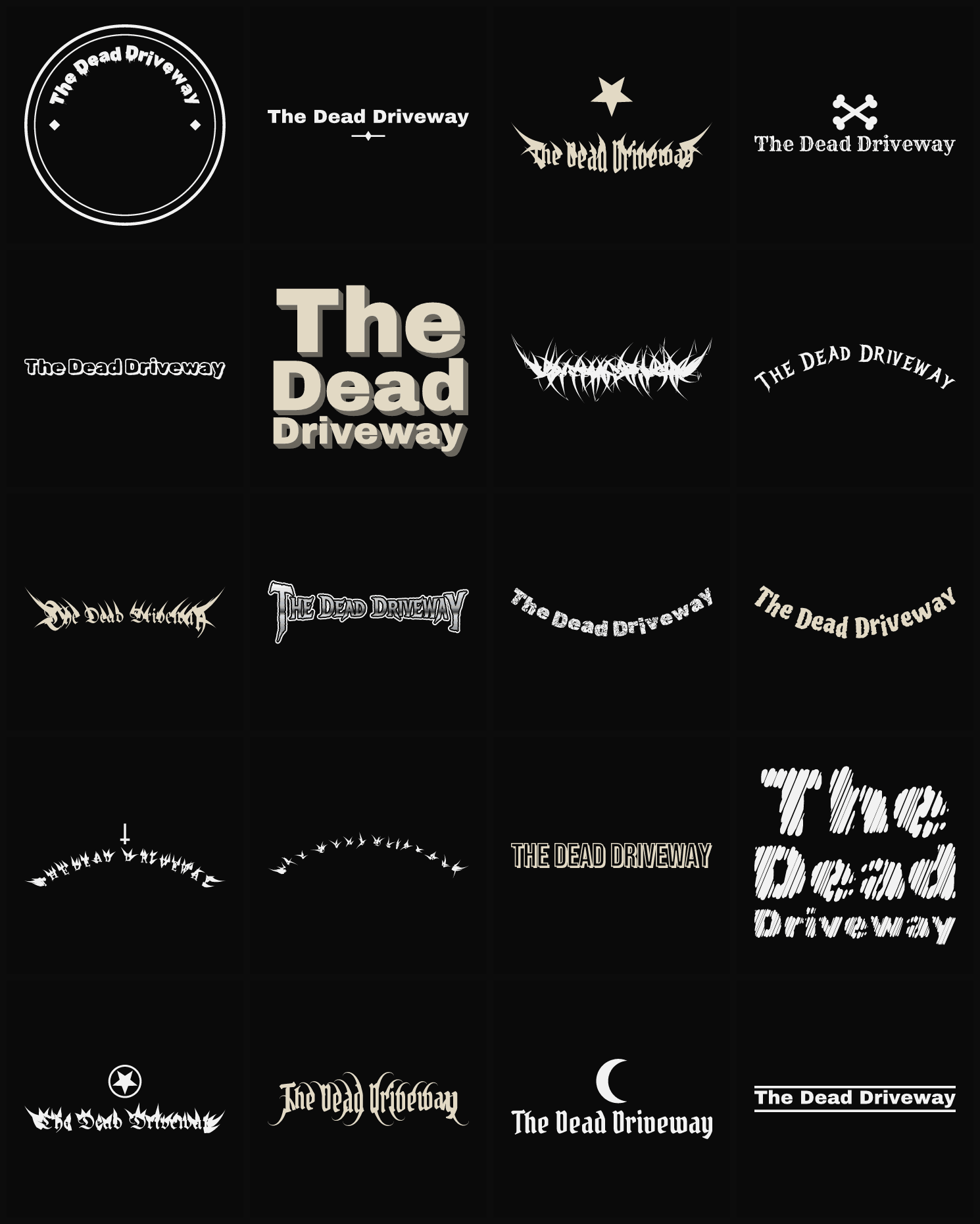 Twenty The Dead Driveway band logo ideas — different faces, treatments and spike settings