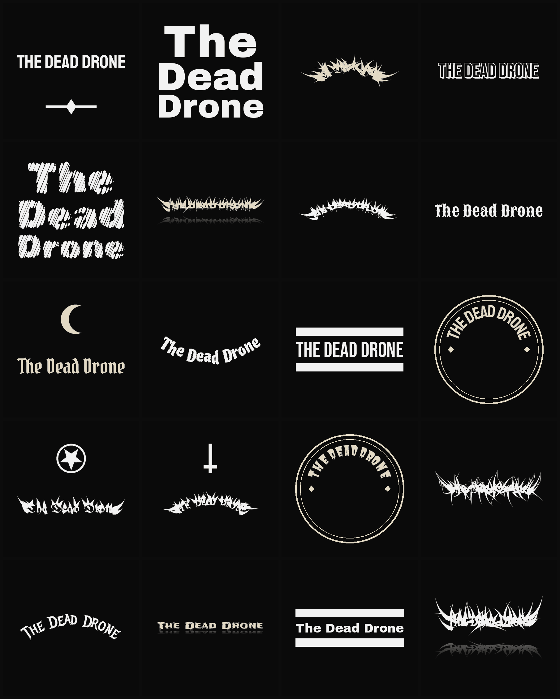 Twenty The Dead Drone band logo ideas — different faces, treatments and spike settings