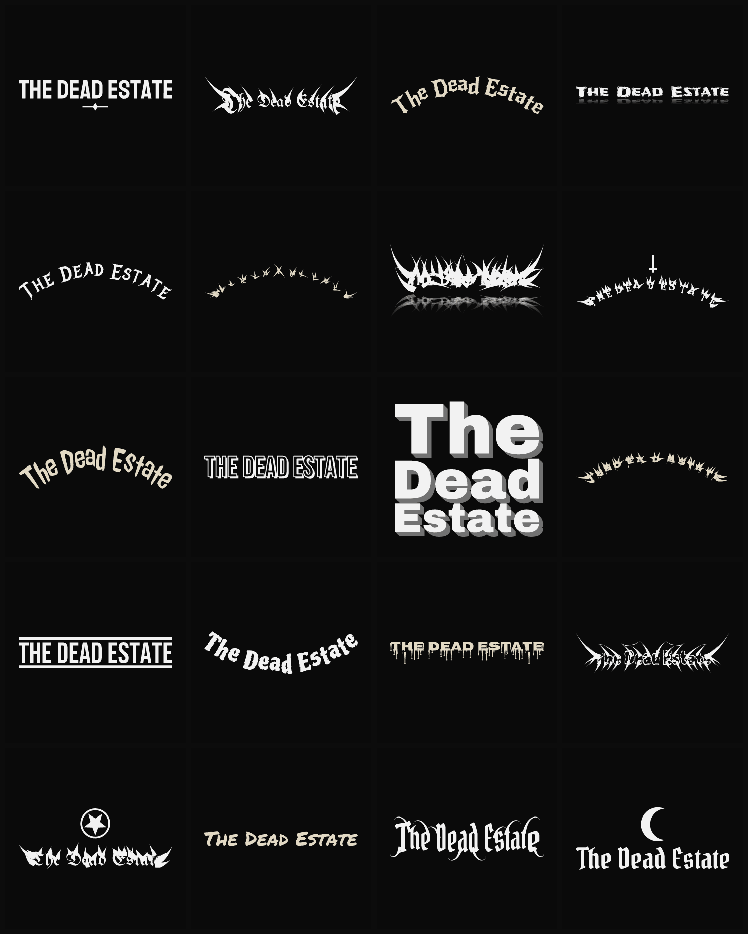 Twenty The Dead Estate band logo ideas — different faces, treatments and spike settings