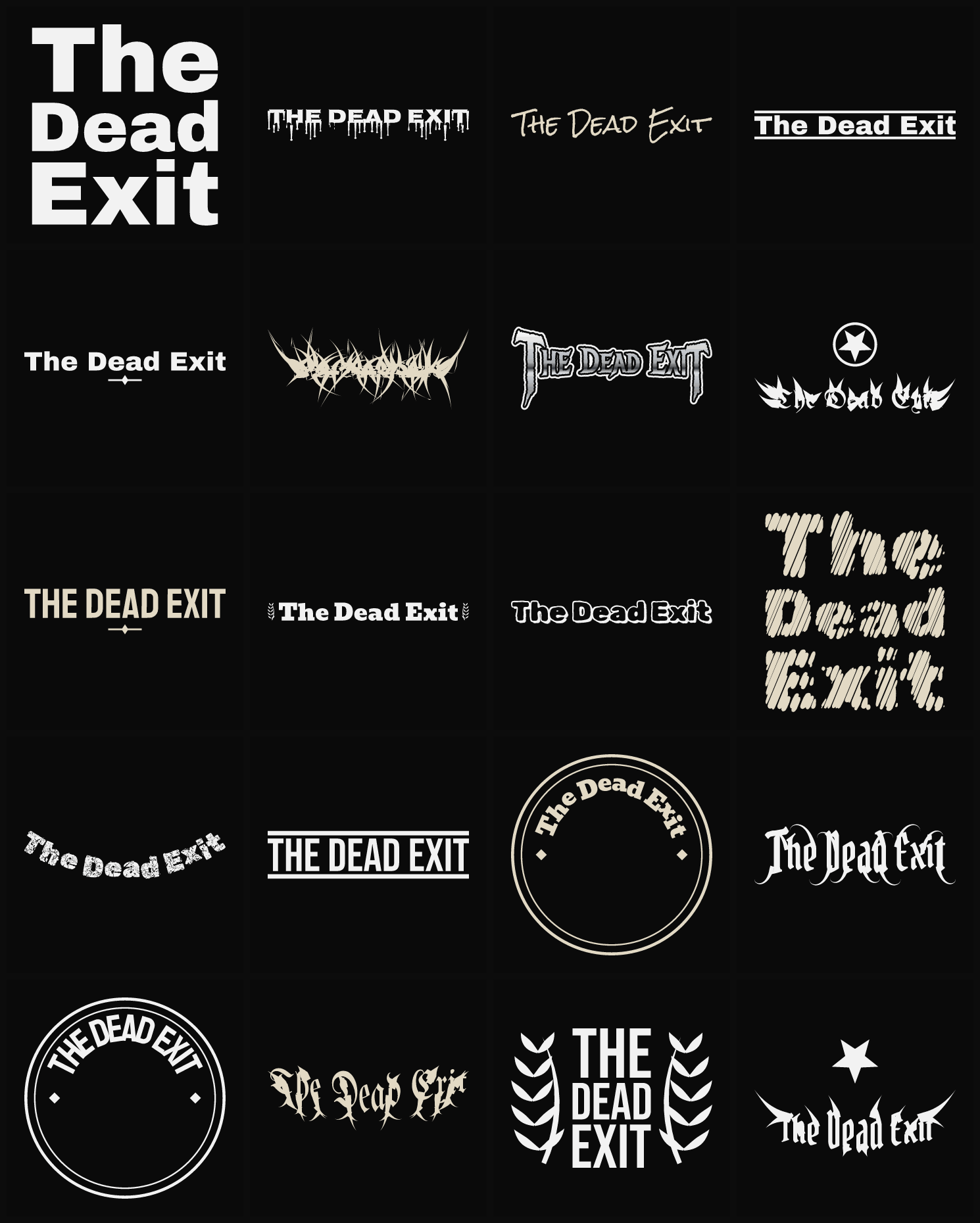 Twenty The Dead Exit band logo ideas — different faces, treatments and spike settings
