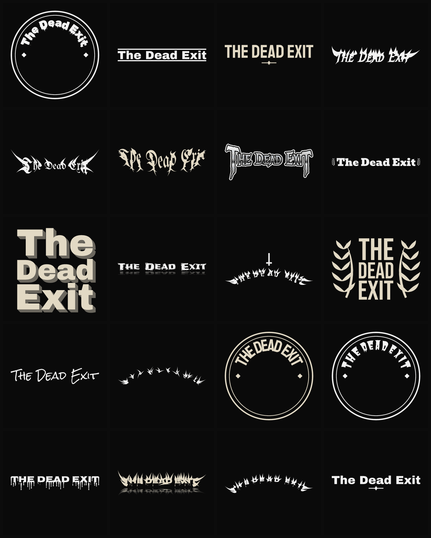 Twenty The Dead Exit band logo ideas — different faces, treatments and spike settings