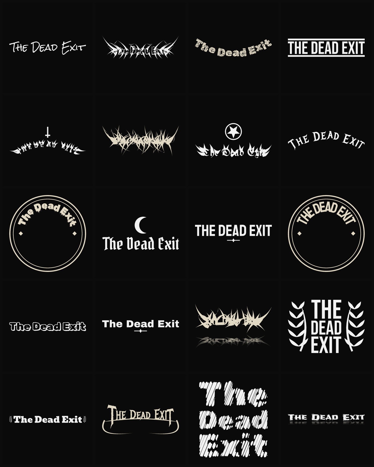 Twenty The Dead Exit band logo ideas — different faces, treatments and spike settings