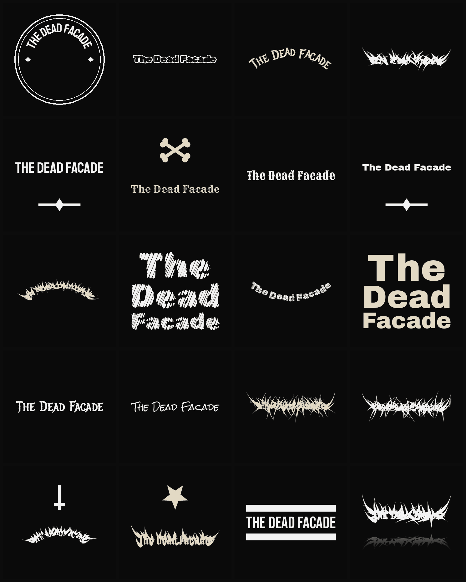 Twenty The Dead Facade band logo ideas — different faces, treatments and spike settings