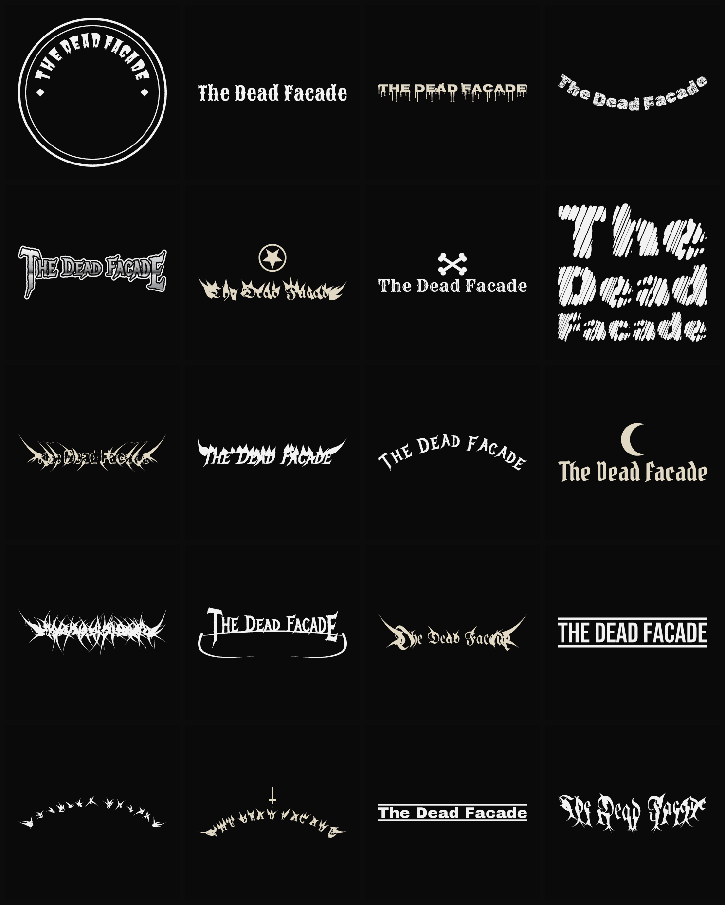 Twenty The Dead Facade band logo ideas — different faces, treatments and spike settings