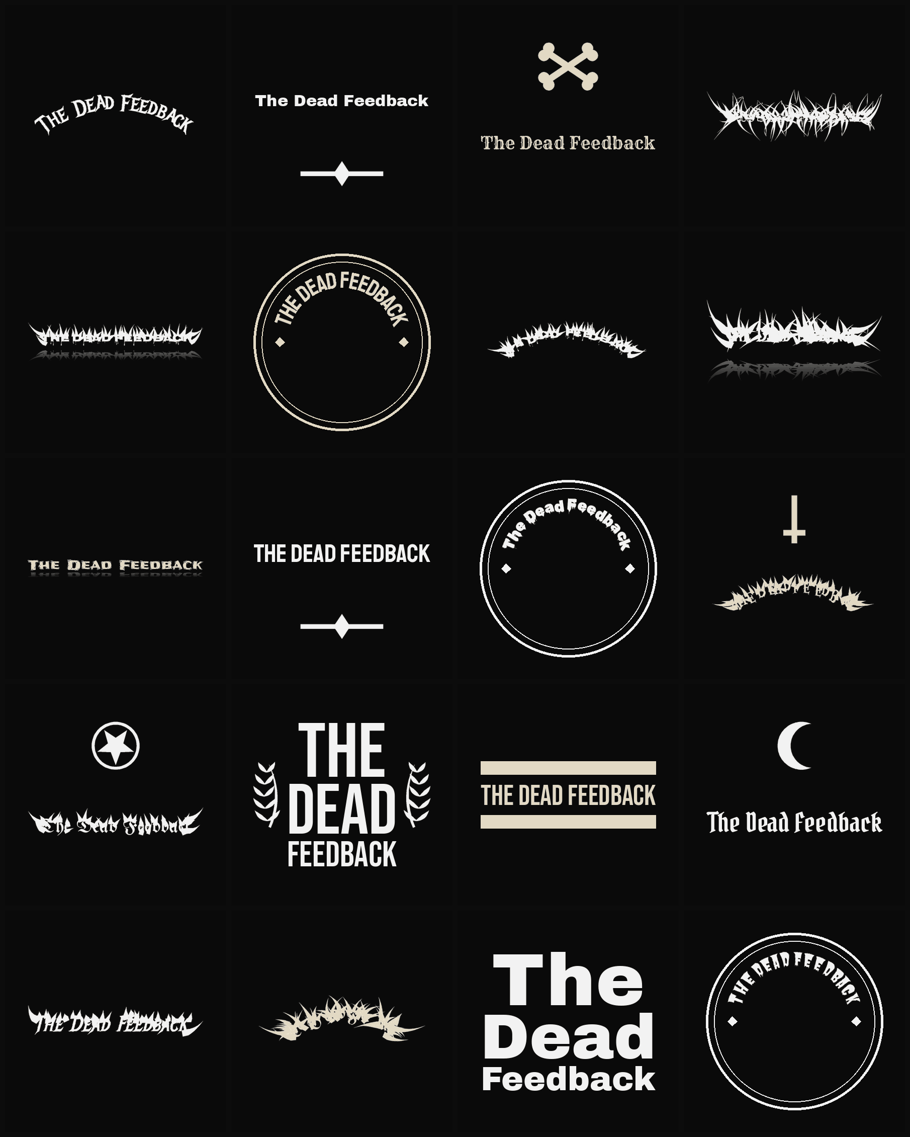 Twenty The Dead Feedback band logo ideas — different faces, treatments and spike settings