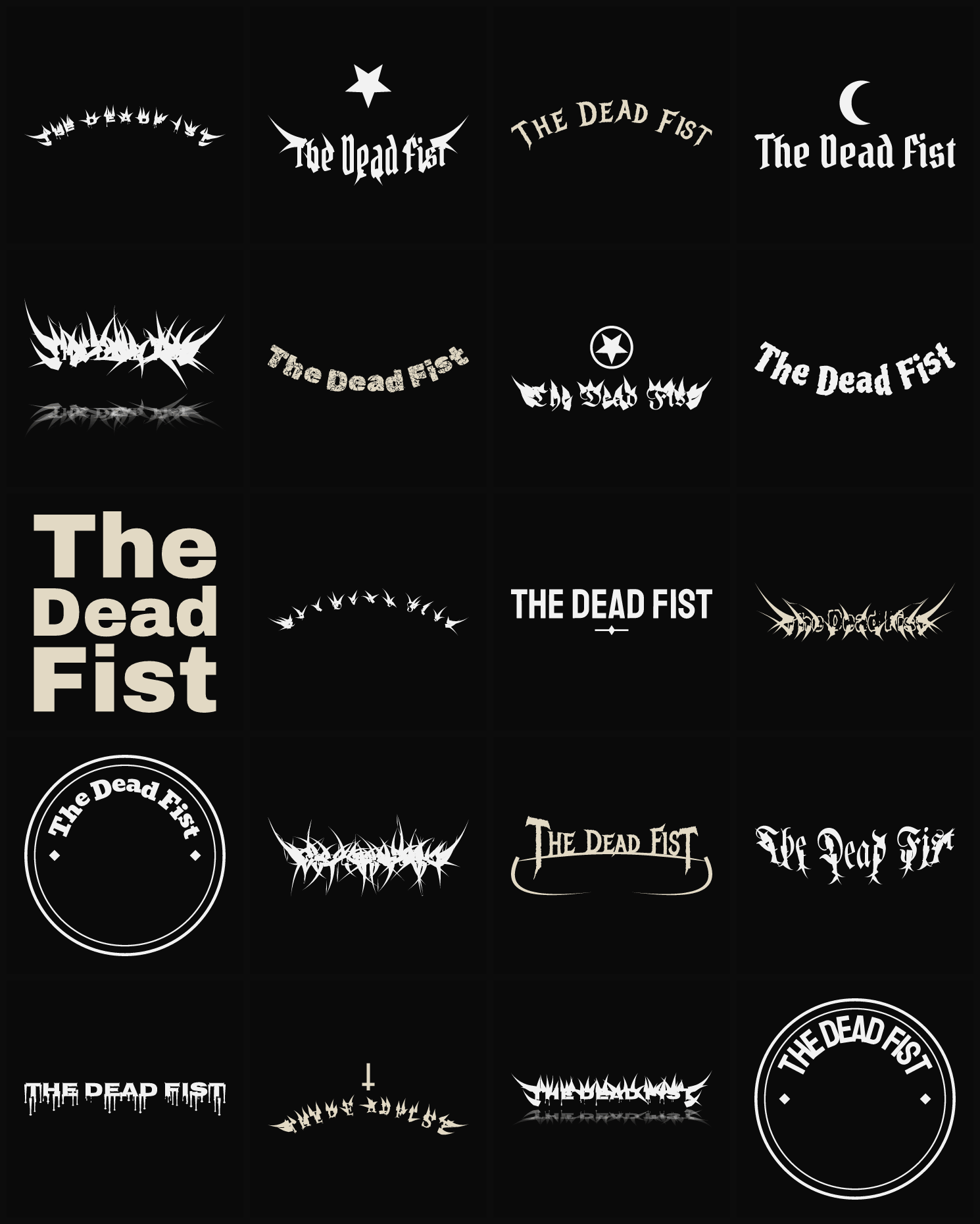 Twenty The Dead Fist band logo ideas — different faces, treatments and spike settings