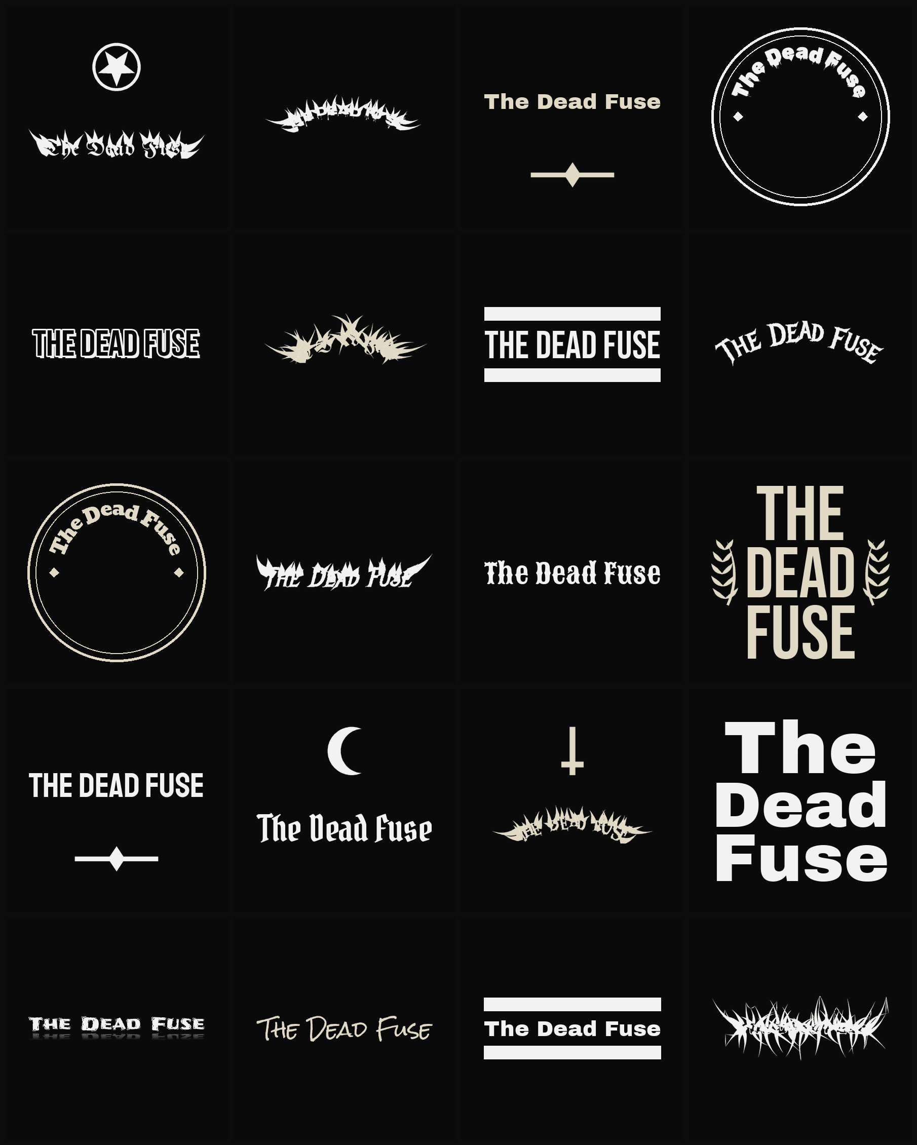 Twenty The Dead Fuse band logo ideas — different faces, treatments and spike settings