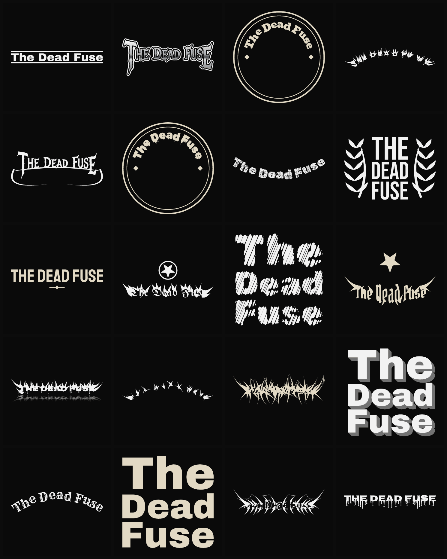 Twenty The Dead Fuse band logo ideas — different faces, treatments and spike settings