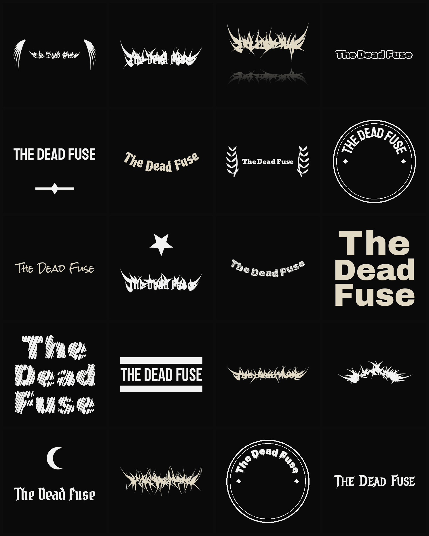 Twenty The Dead Fuse band logo ideas — different faces, treatments and spike settings