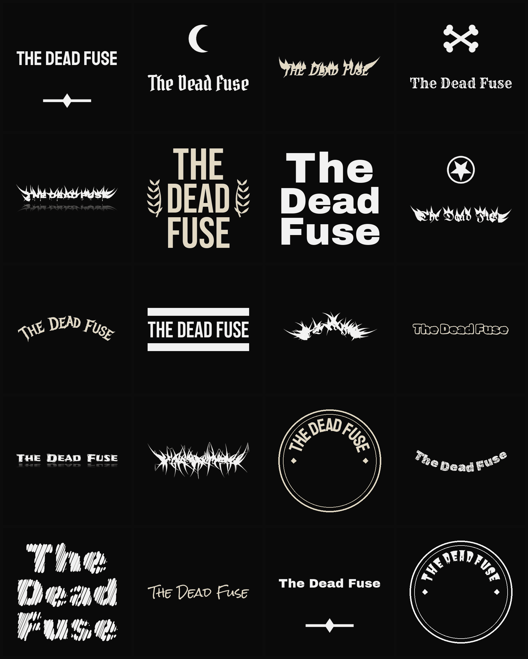 Twenty The Dead Fuse band logo ideas — different faces, treatments and spike settings