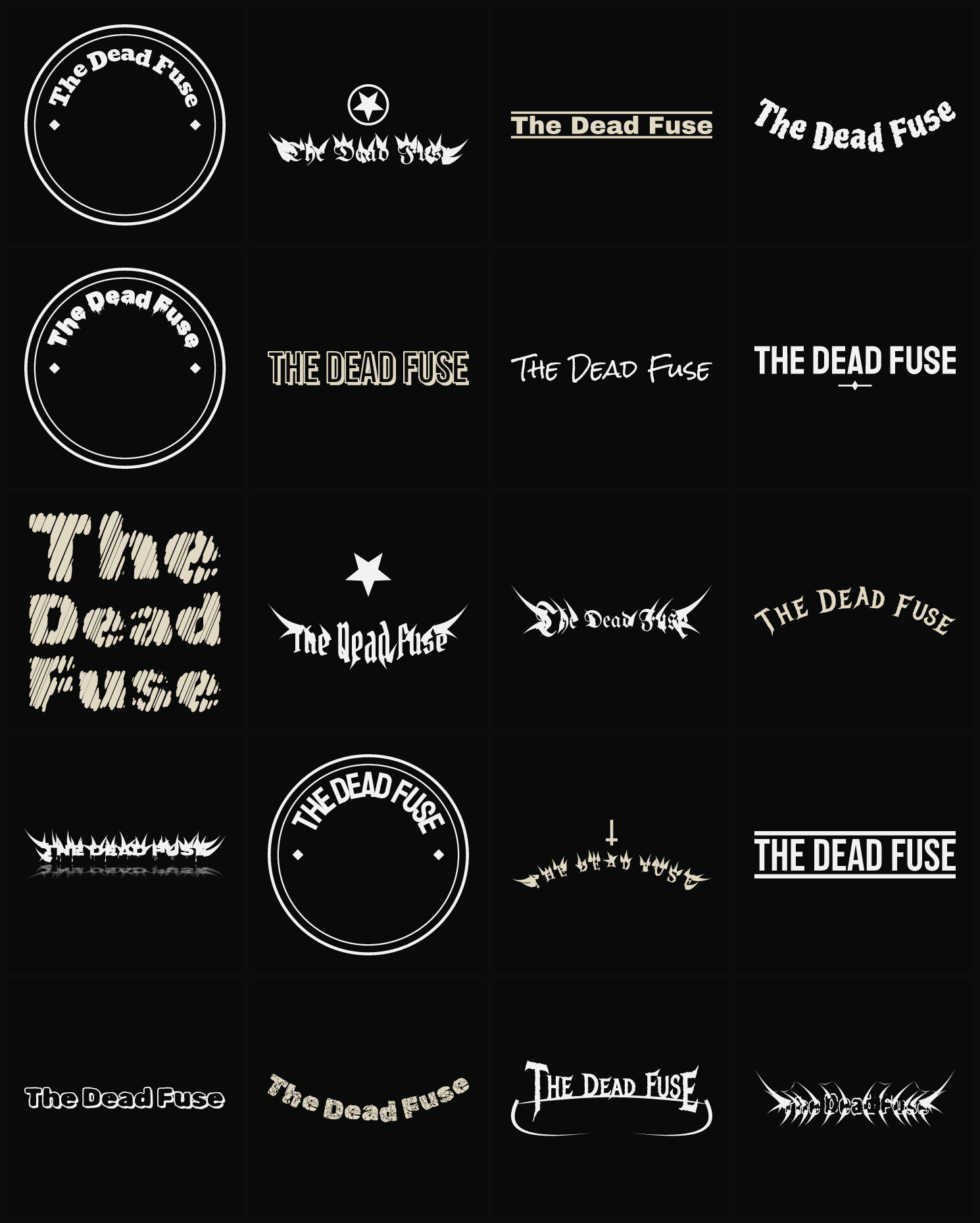 Twenty The Dead Fuse band logo ideas — different faces, treatments and spike settings