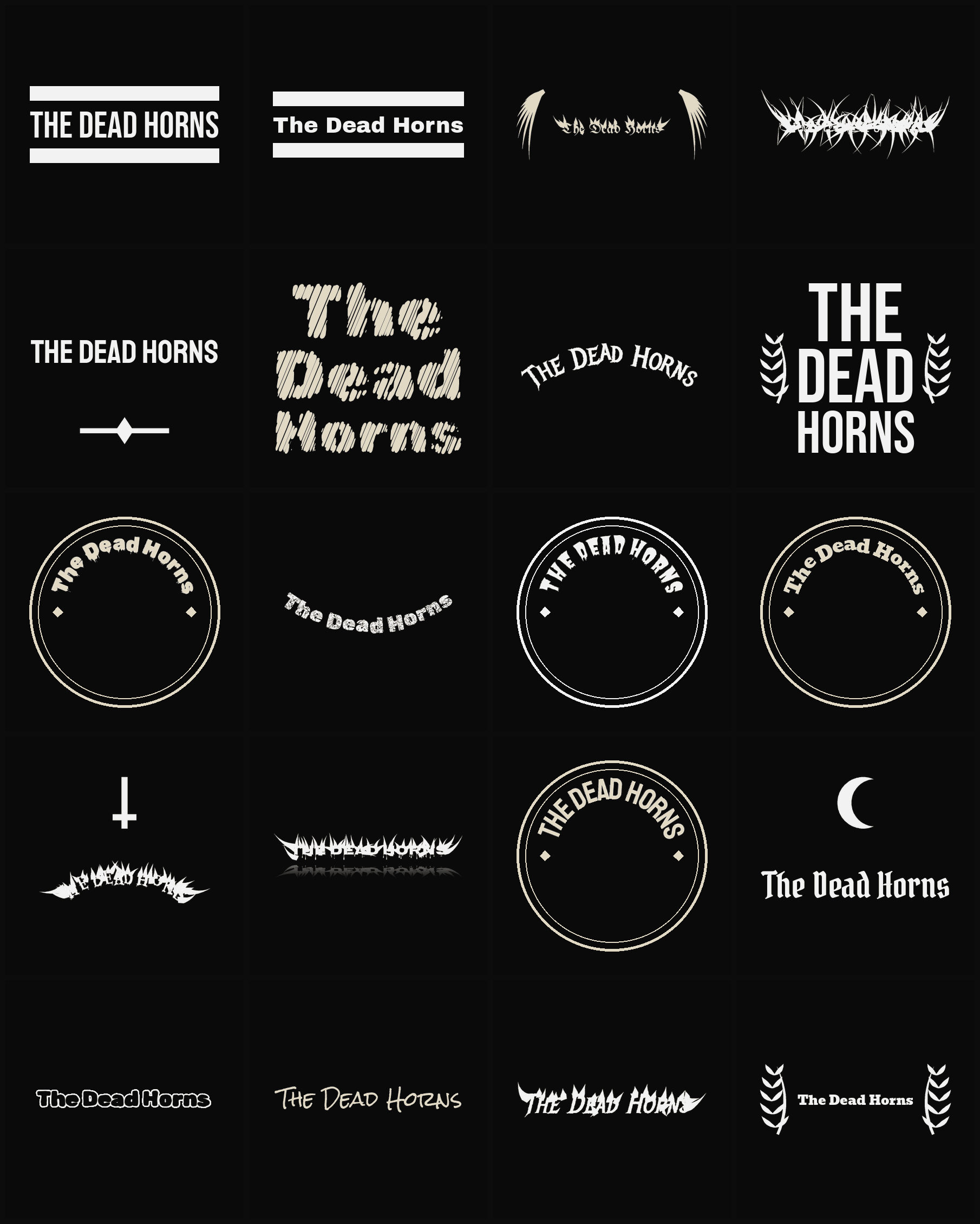 Twenty The Dead Horns band logo ideas — different faces, treatments and spike settings