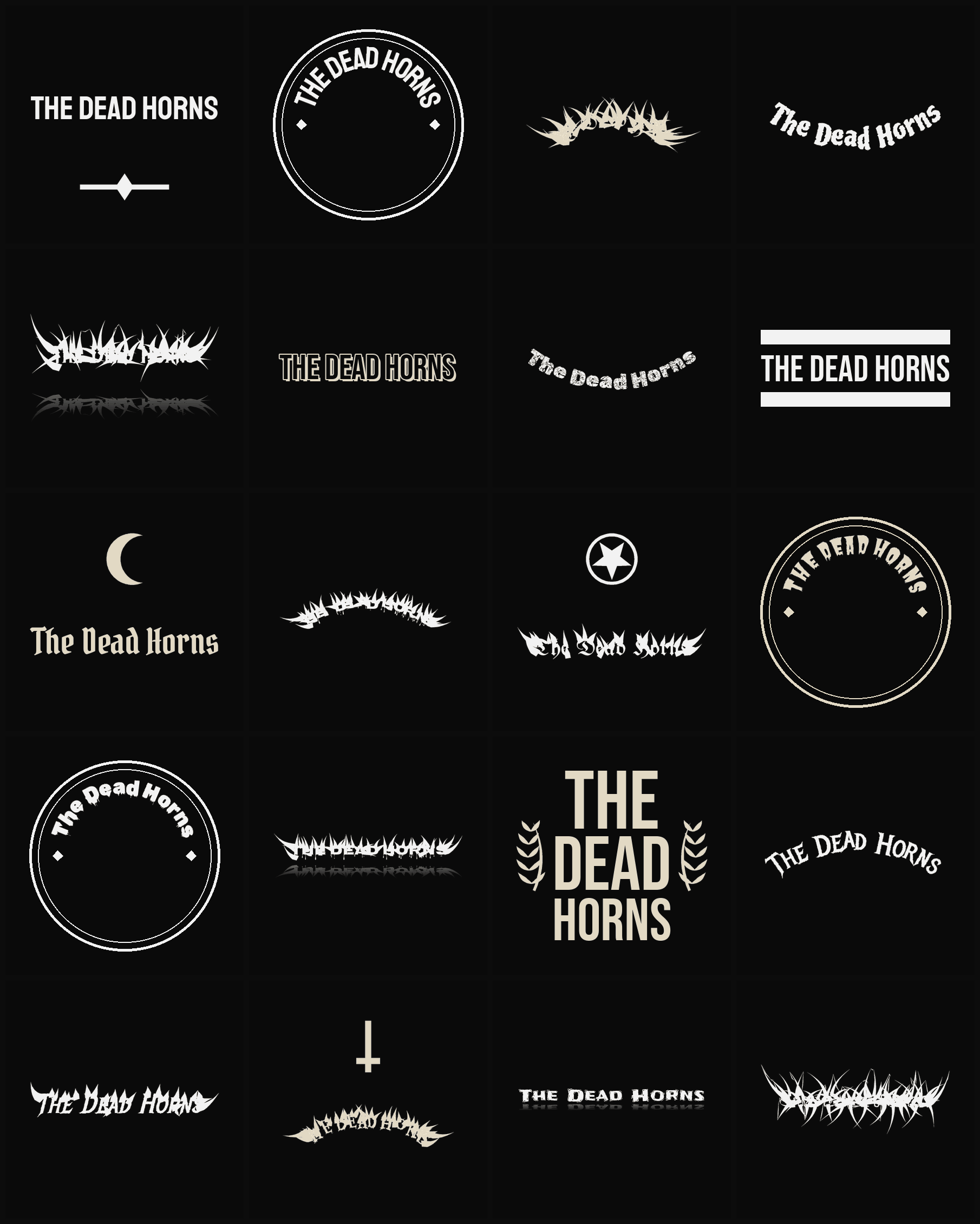 Twenty The Dead Horns band logo ideas — different faces, treatments and spike settings