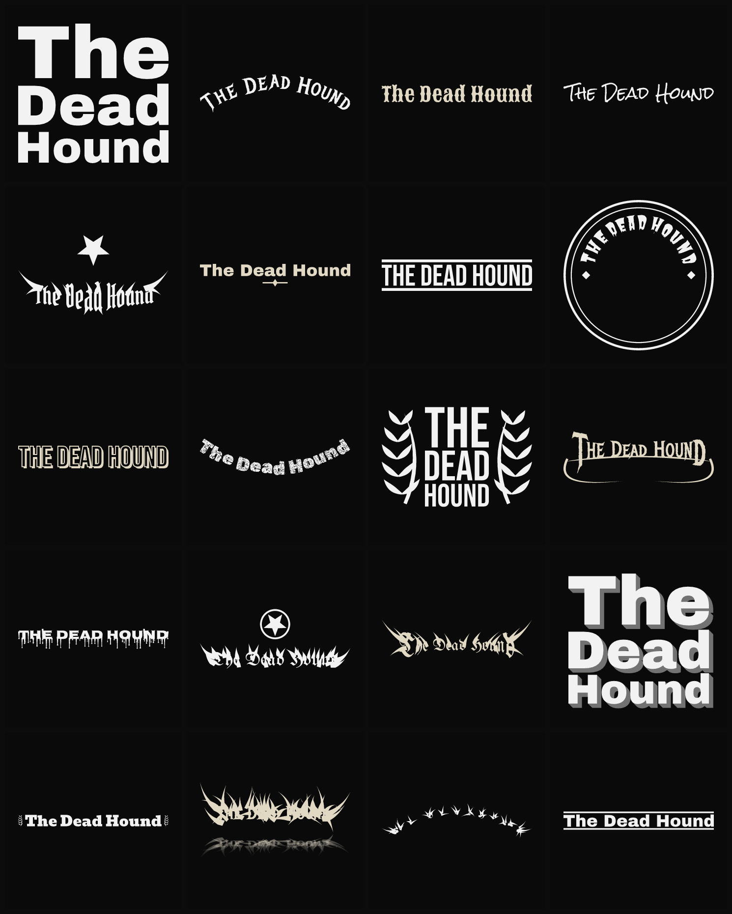 Twenty The Dead Hound band logo ideas — different faces, treatments and spike settings