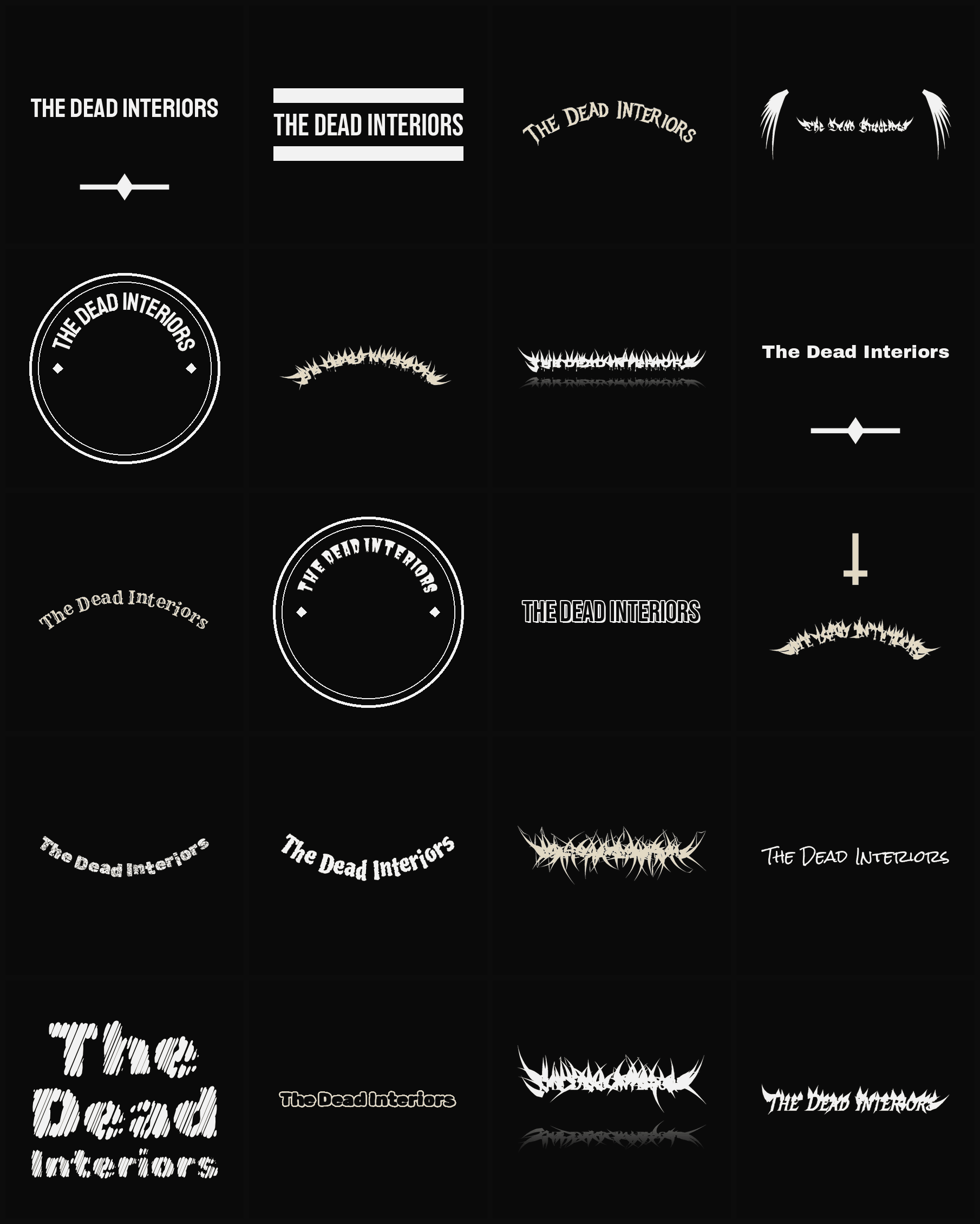 Twenty The Dead Interiors band logo ideas — different faces, treatments and spike settings