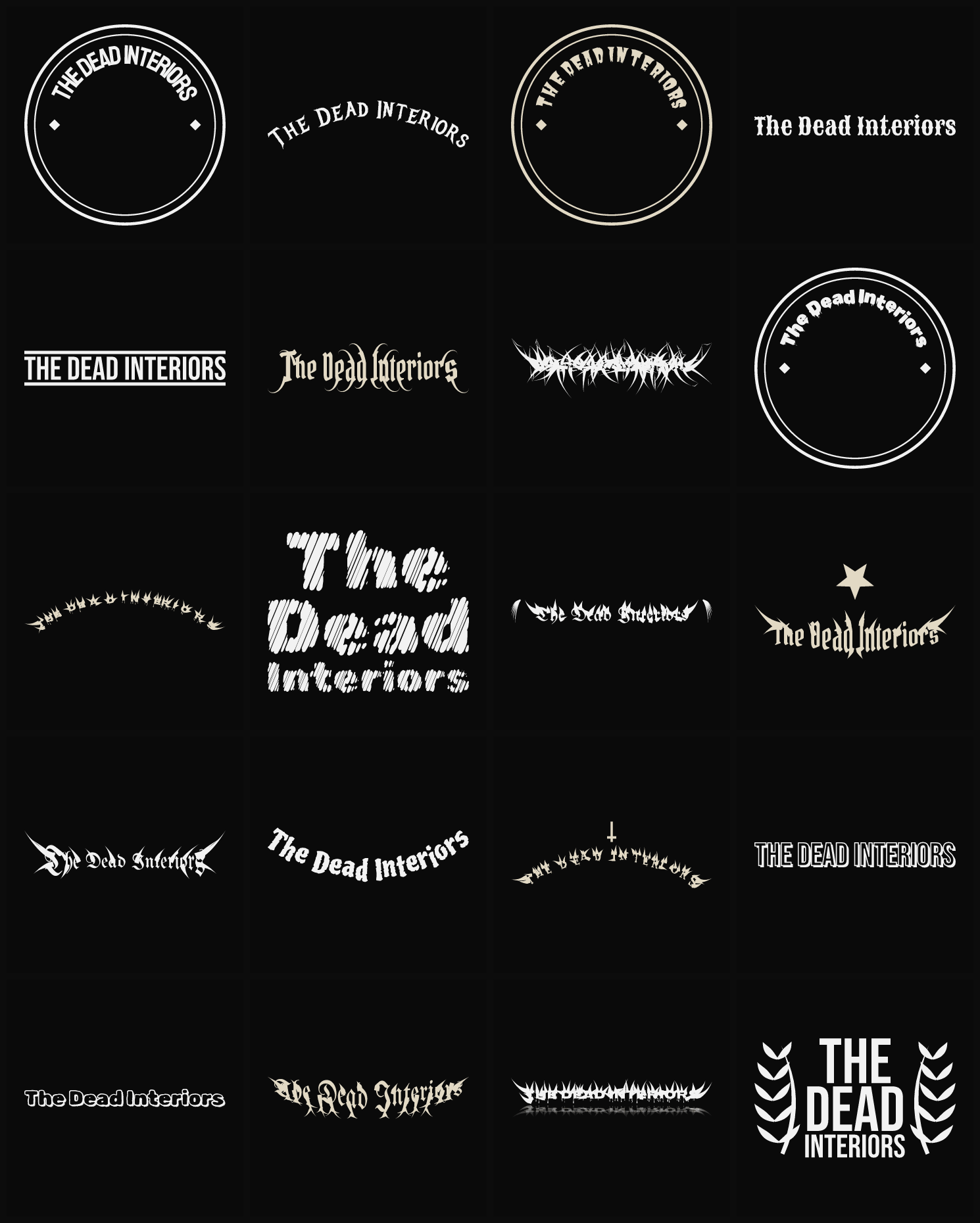 Twenty The Dead Interiors band logo ideas — different faces, treatments and spike settings