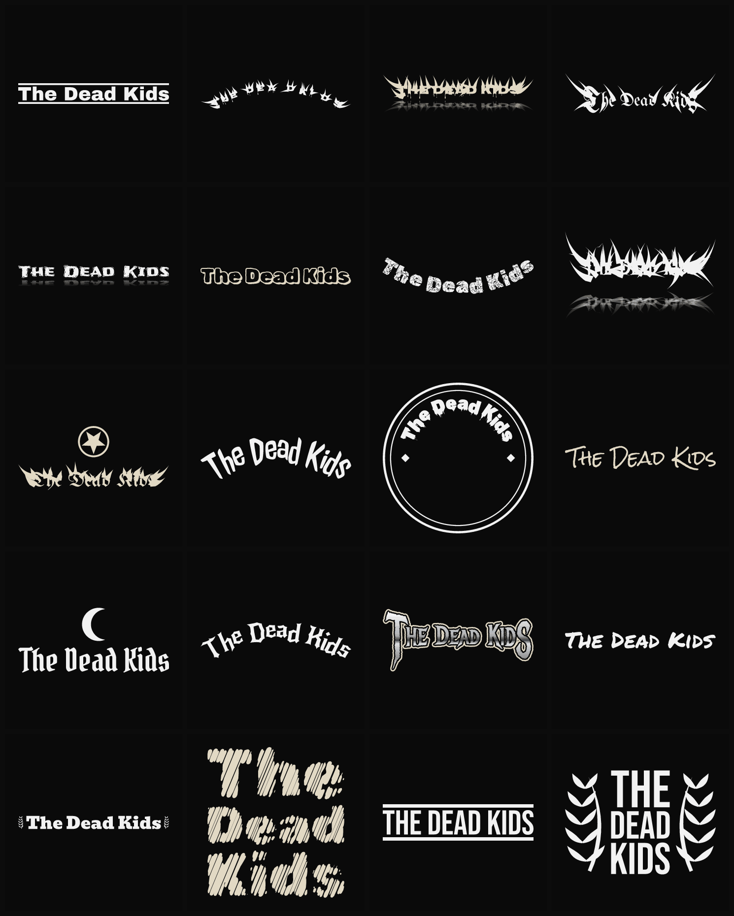 Twenty The Dead Kids band logo ideas — different faces, treatments and spike settings