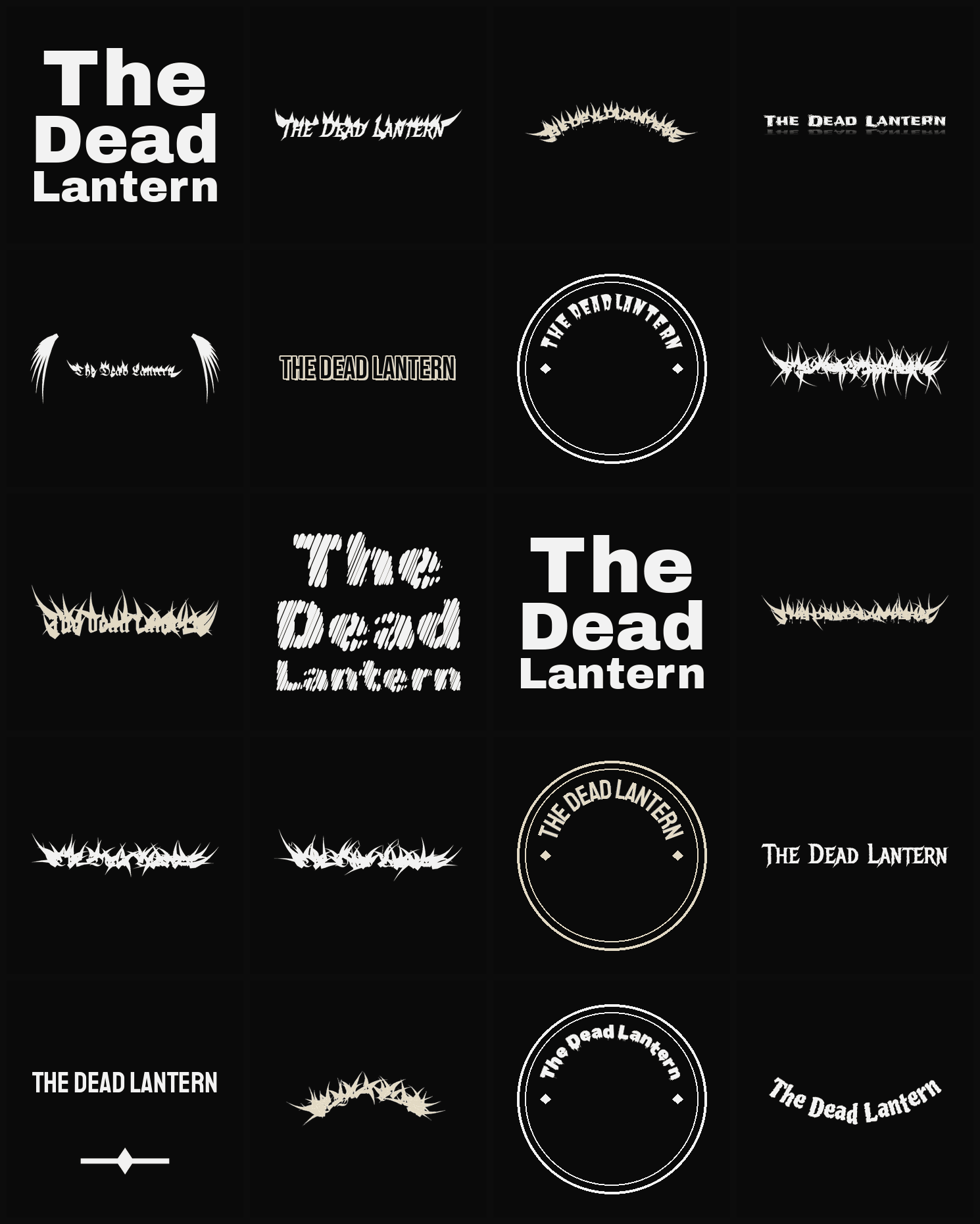 Twenty The Dead Lantern band logo ideas — different faces, treatments and spike settings