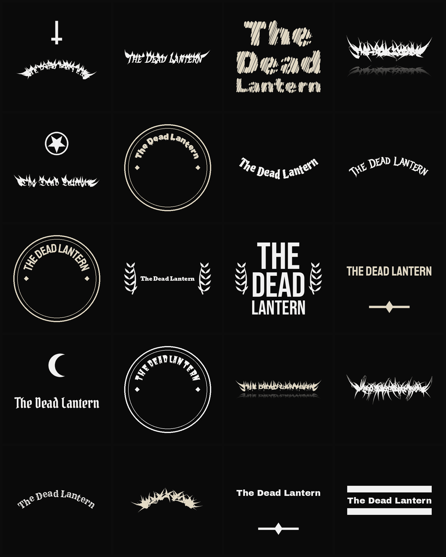 Twenty The Dead Lantern band logo ideas — different faces, treatments and spike settings